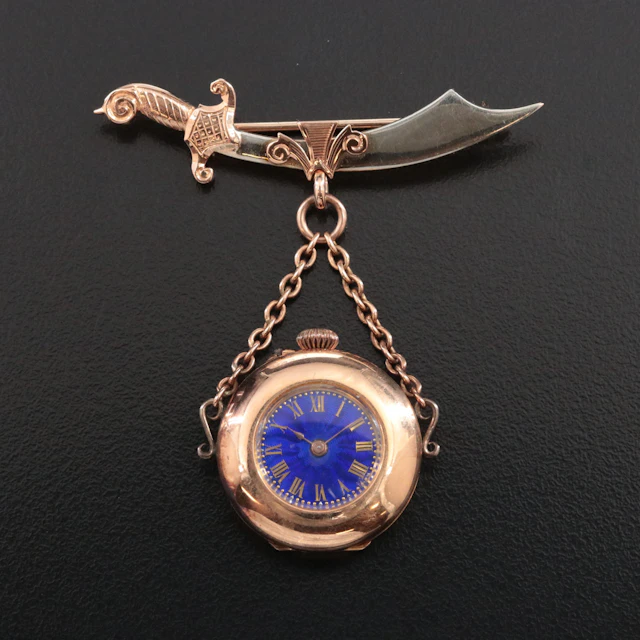 Swiss Antique Blue Guilloche Dial 18K Watch 14K Handle Sword Brooch Piece