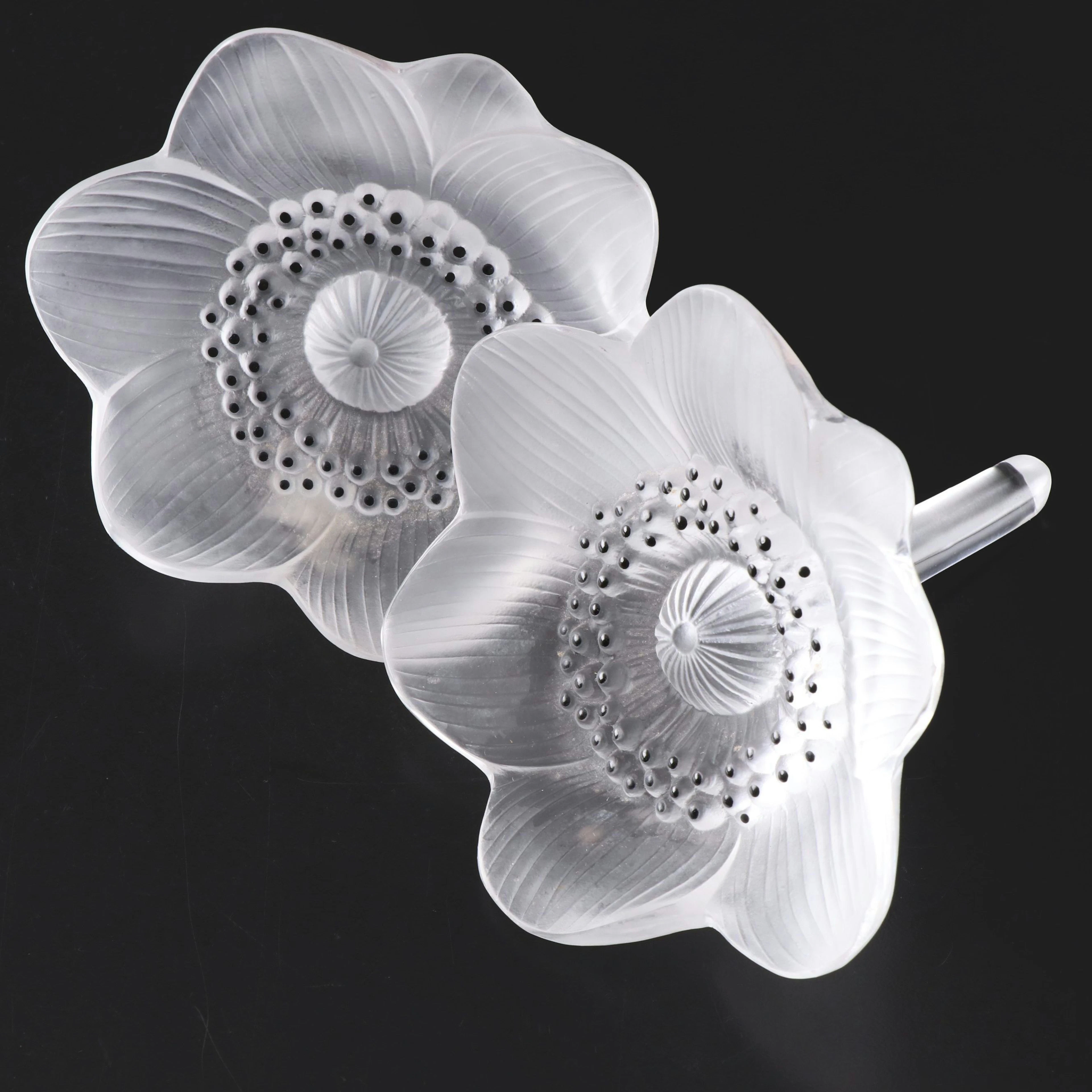 Pair of Lalique "Anemone" Frosted and Clear Crystal Figurines, Mid/Late 20th C.
