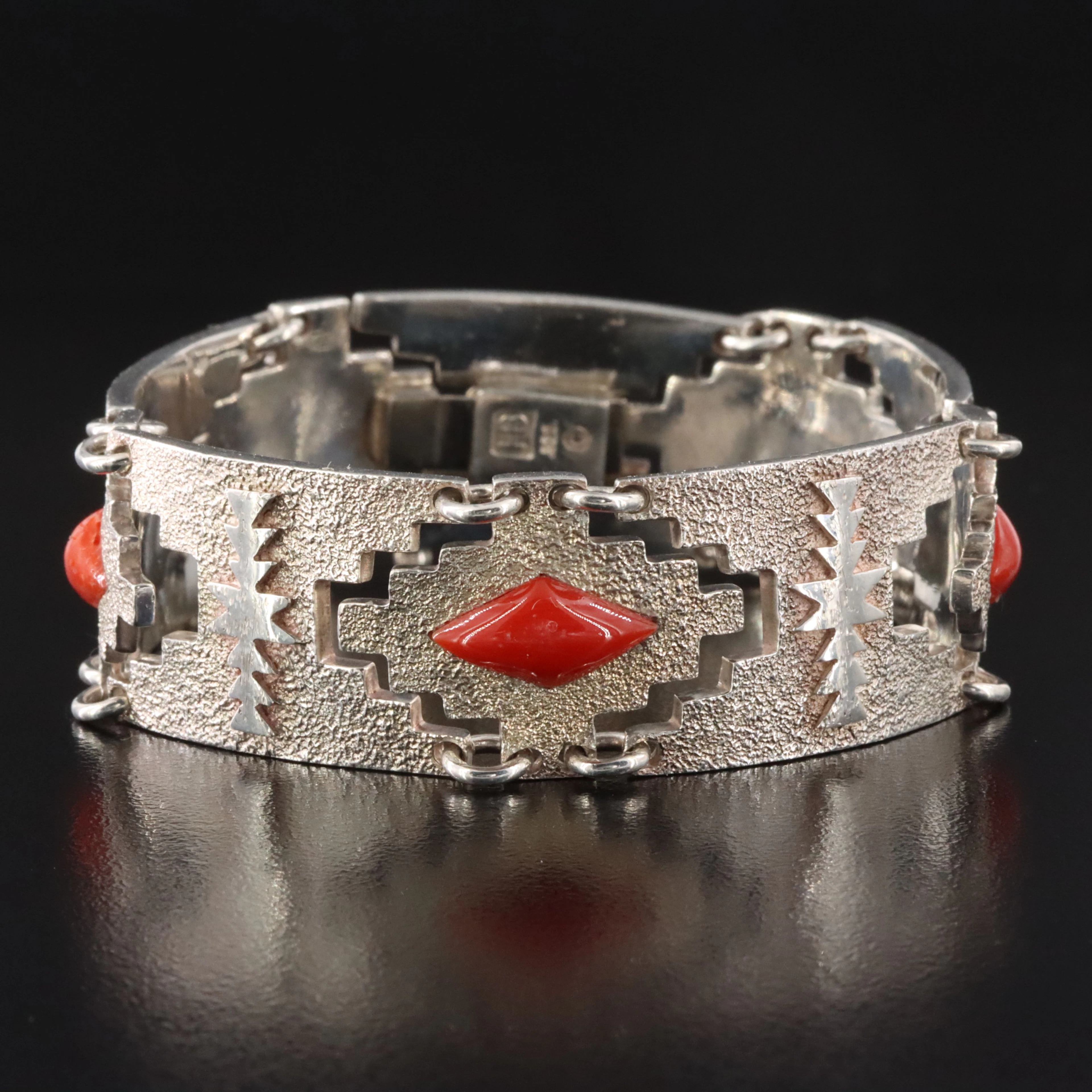 Harvey Begay Navajo Diné Sterling Tufa Cast Coral Panel Bracelet