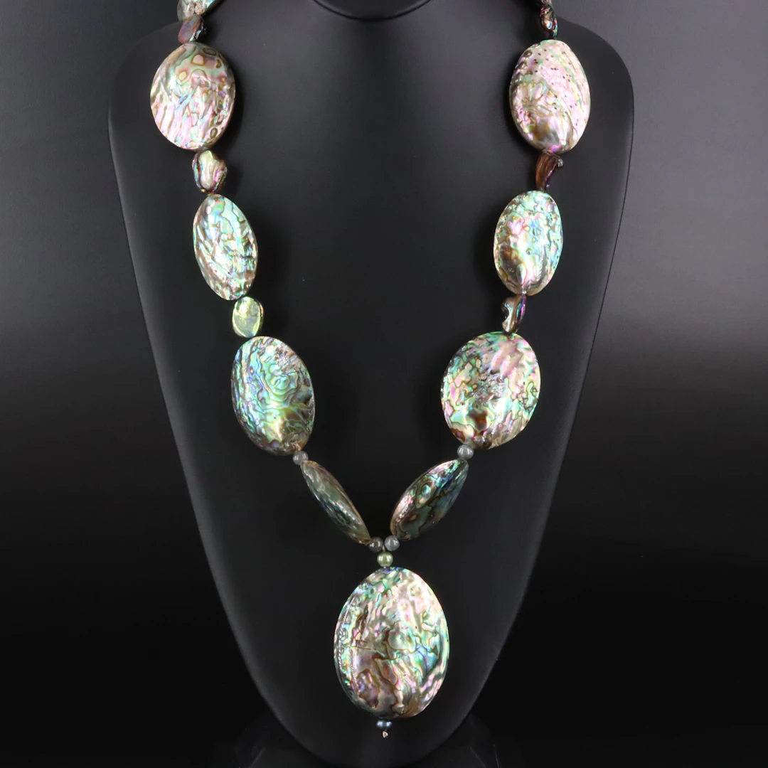 Abalone, Pearl & Glass Bead Necklace with 800 Silver Clasp