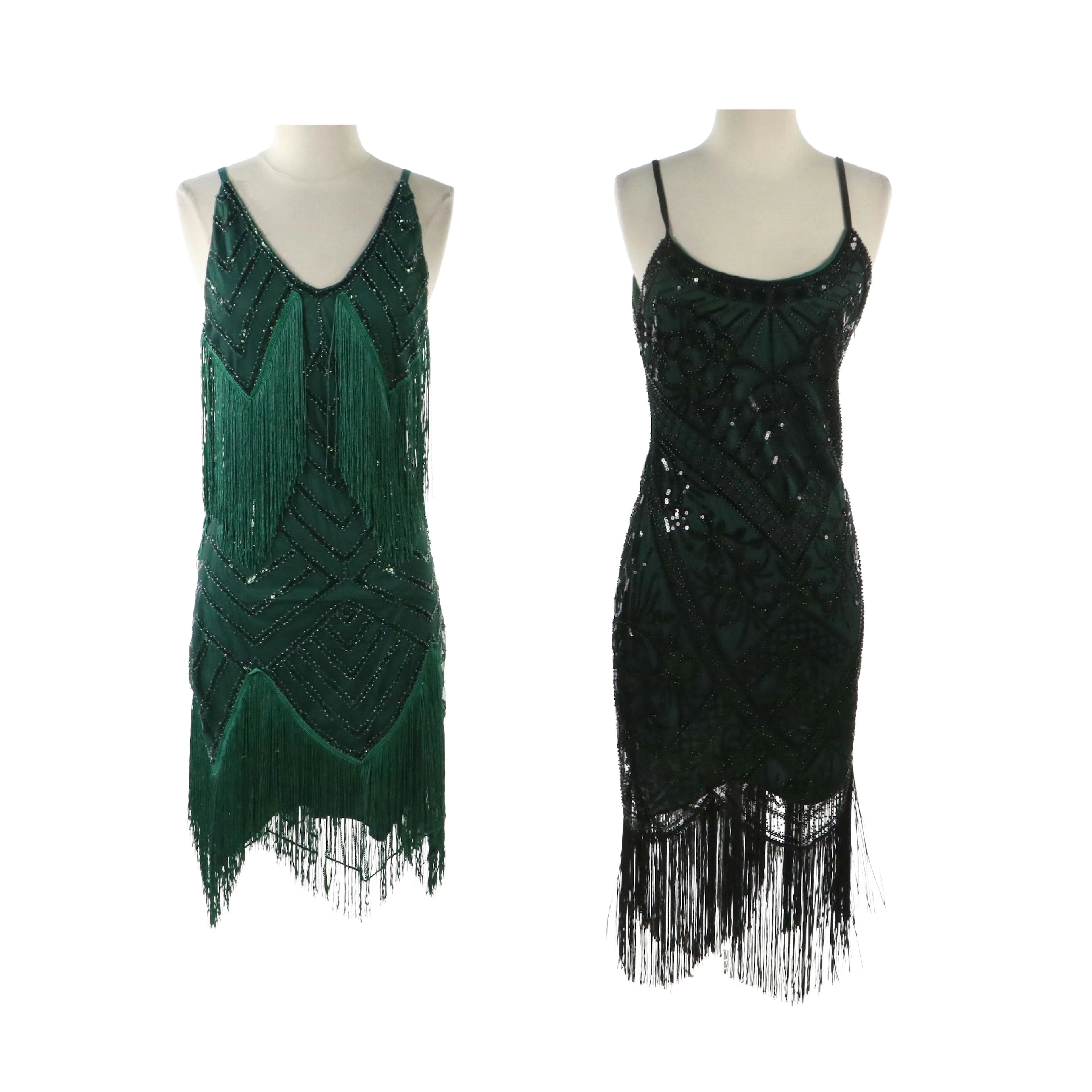 Yessa Dark Green and Black Embellished Flapper-Style Dresses, With Tags
