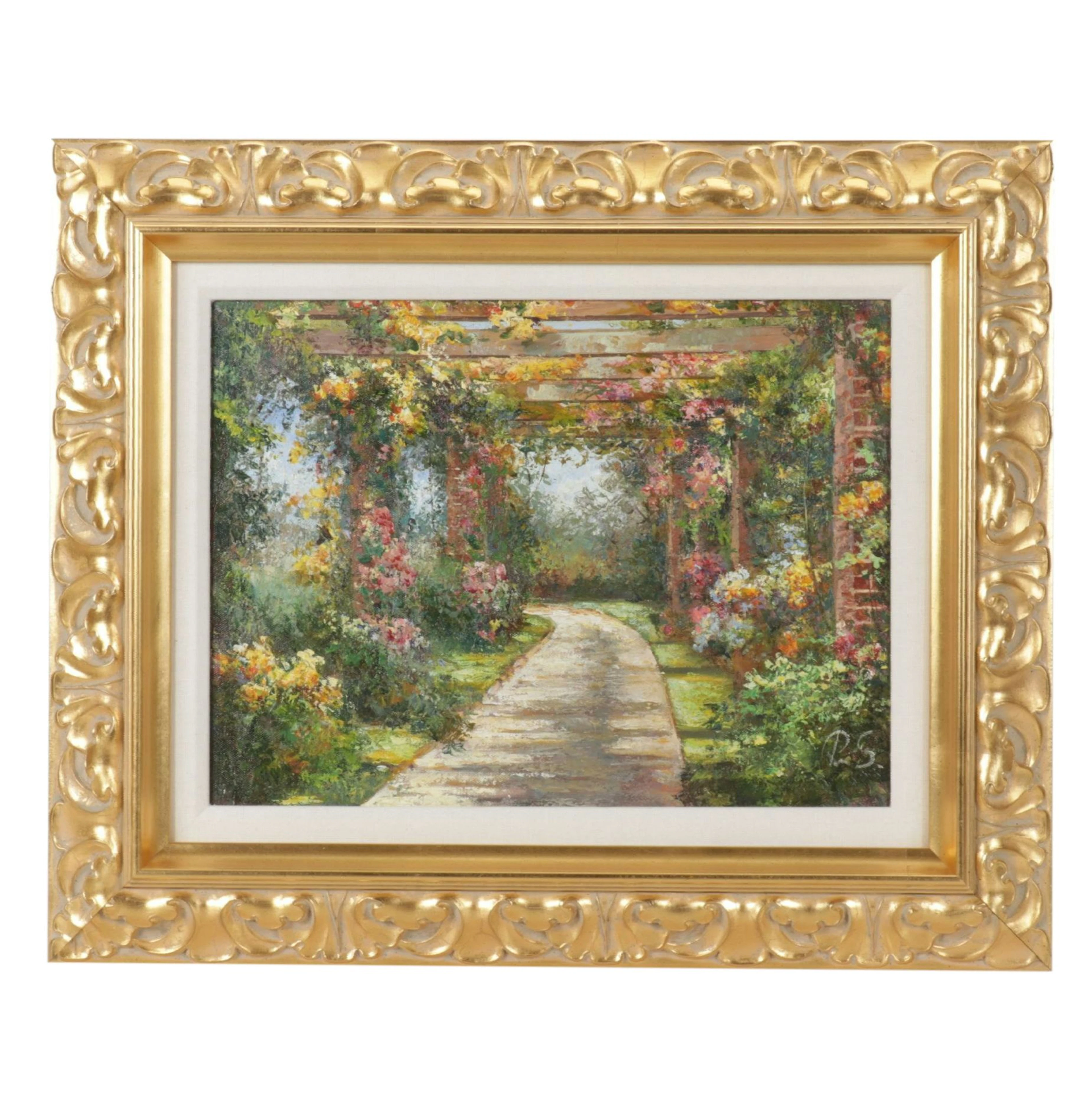 Impressionist Style Landscape Oil Painting of Garden Trellis Path