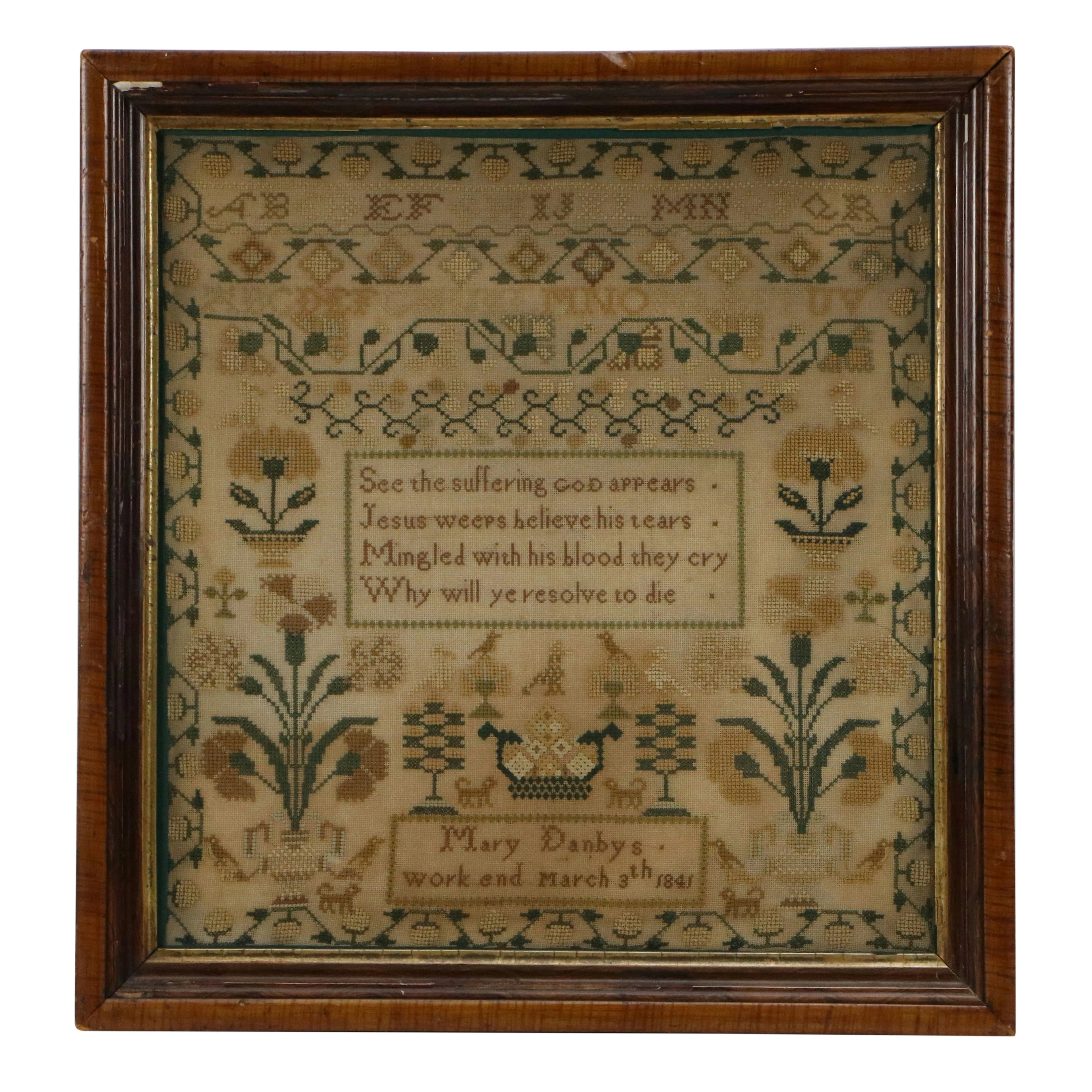 Mary Danby Handmade Cross-Stitch Sampler with Hymnal Refrain, 1841