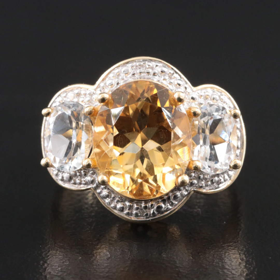 10K Citrine, White Topaz, and Diamond Ring