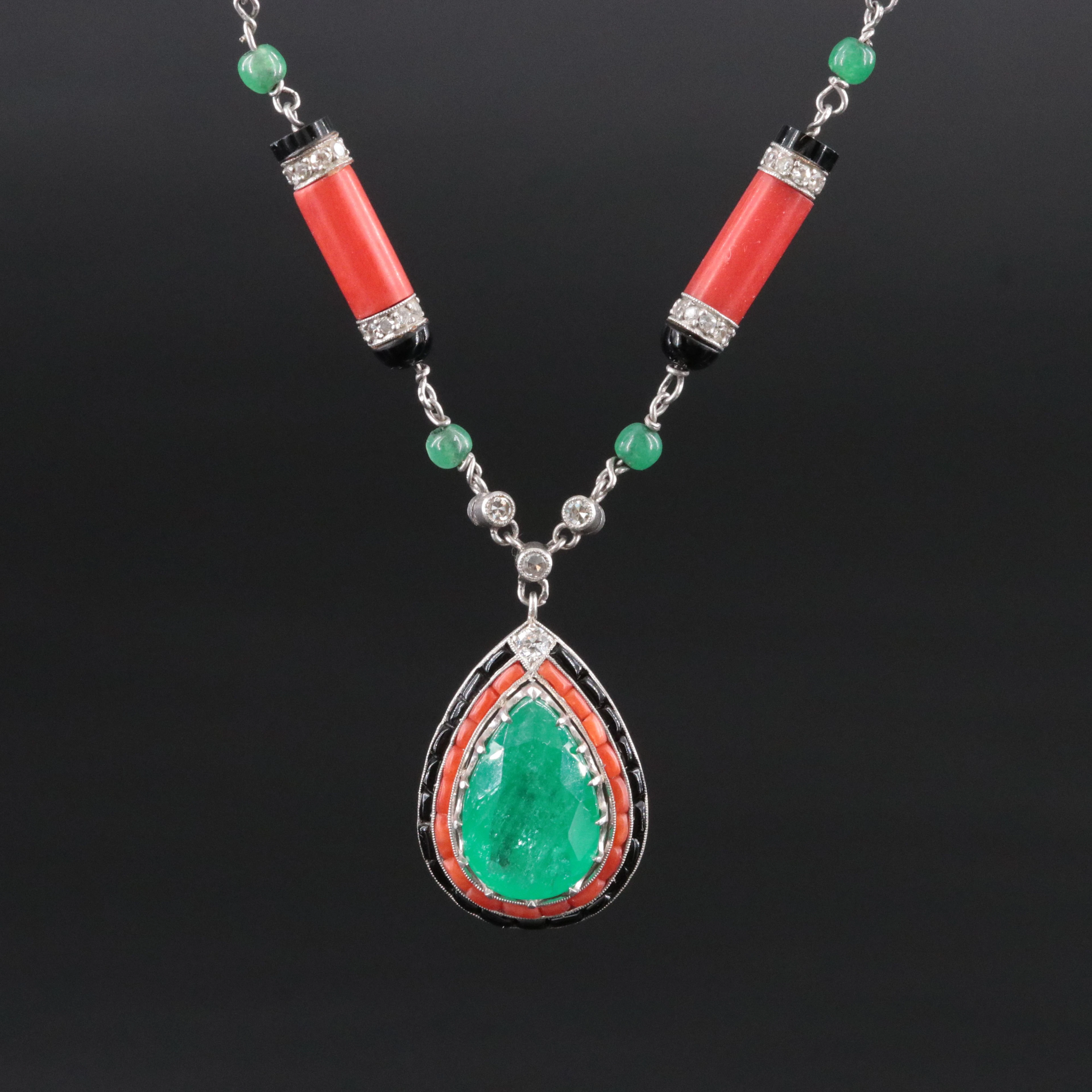 Art Deco Platinum 4.27 CT Emerald, 2.00 CTW Diamond, Coral & Black