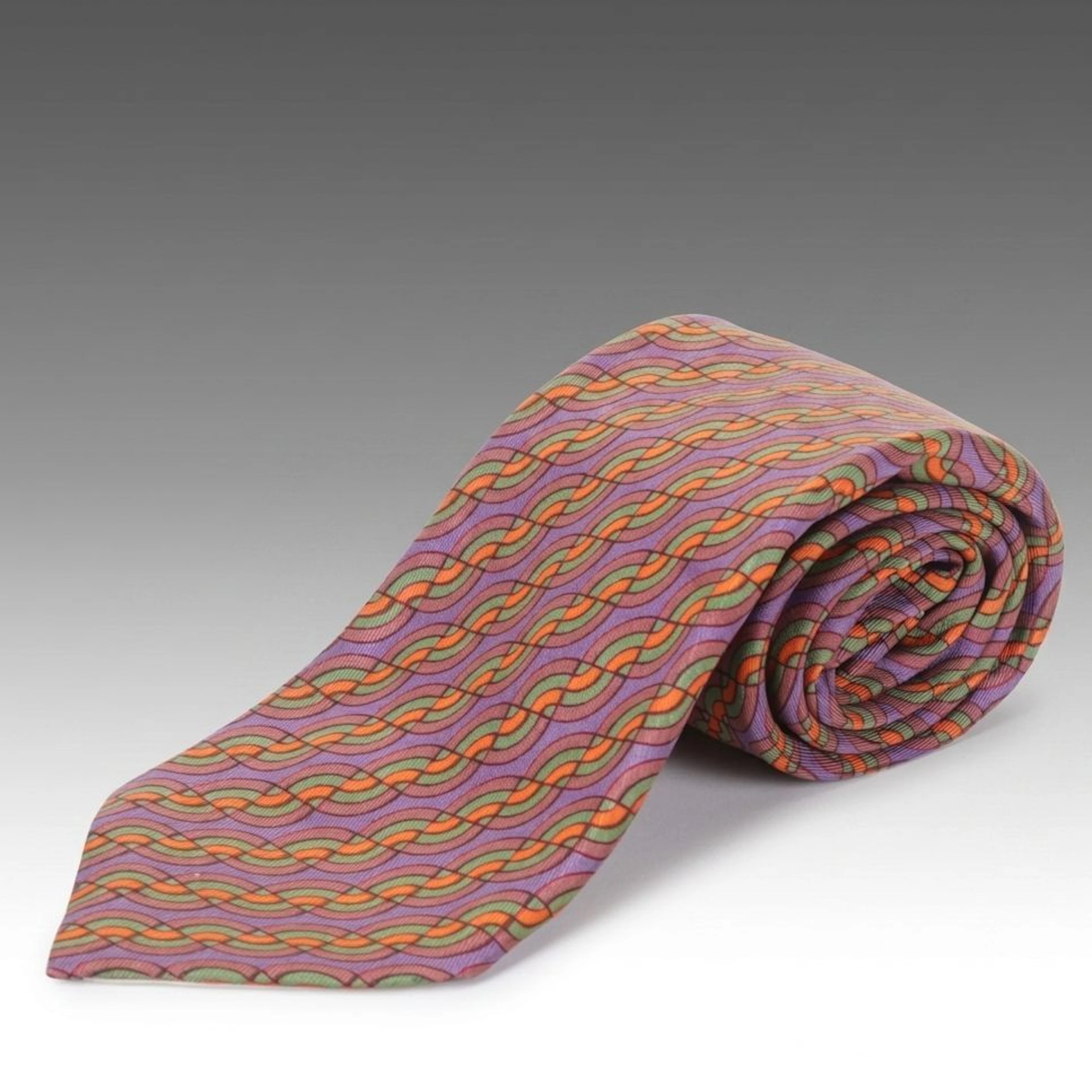 Hermès Silk Neck Tie in Purple and Orange Geometric Wave Pattern
