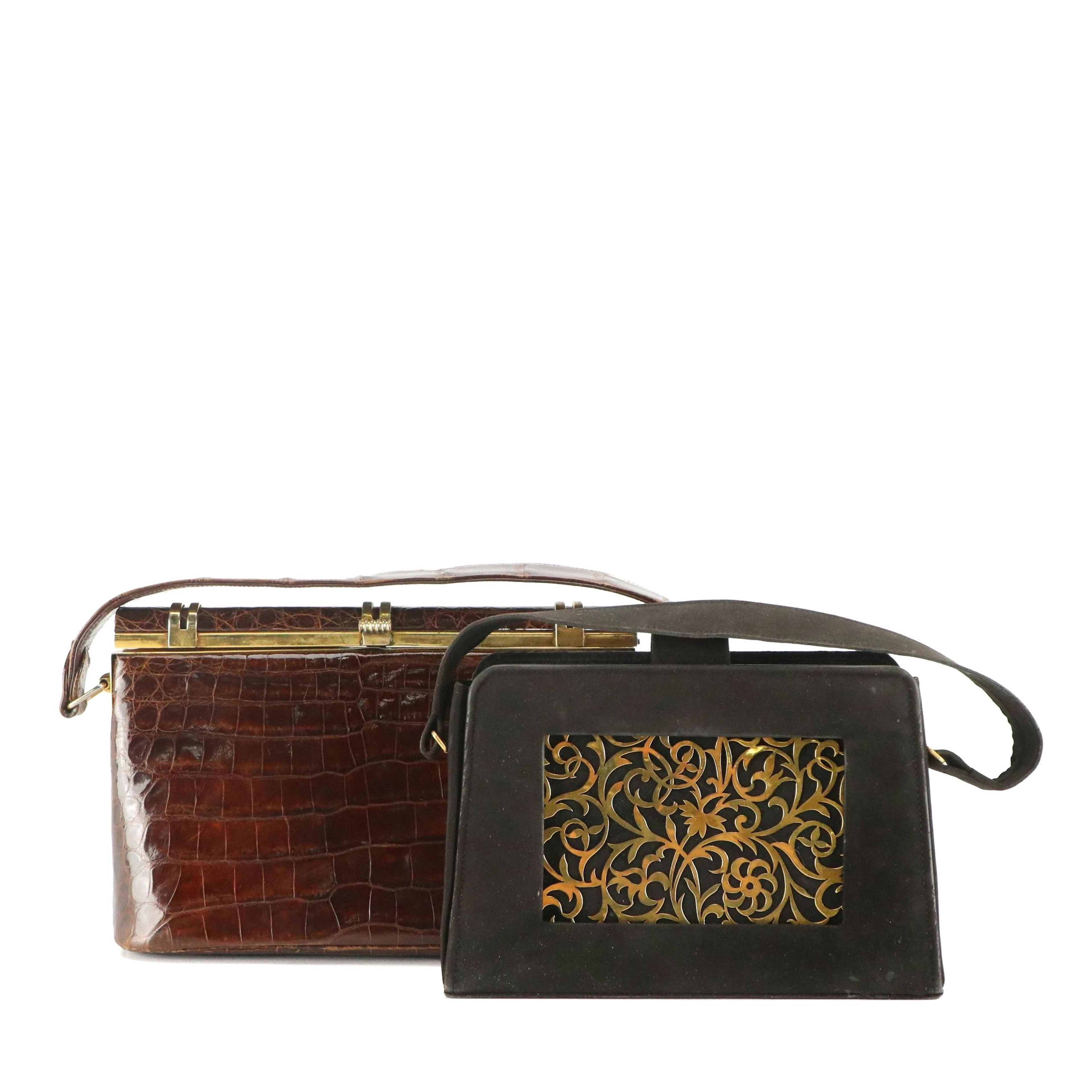 Neiman Marcus/WW Paris Gold Tone Minaudière and Prado Alligator Handbag, 1950s