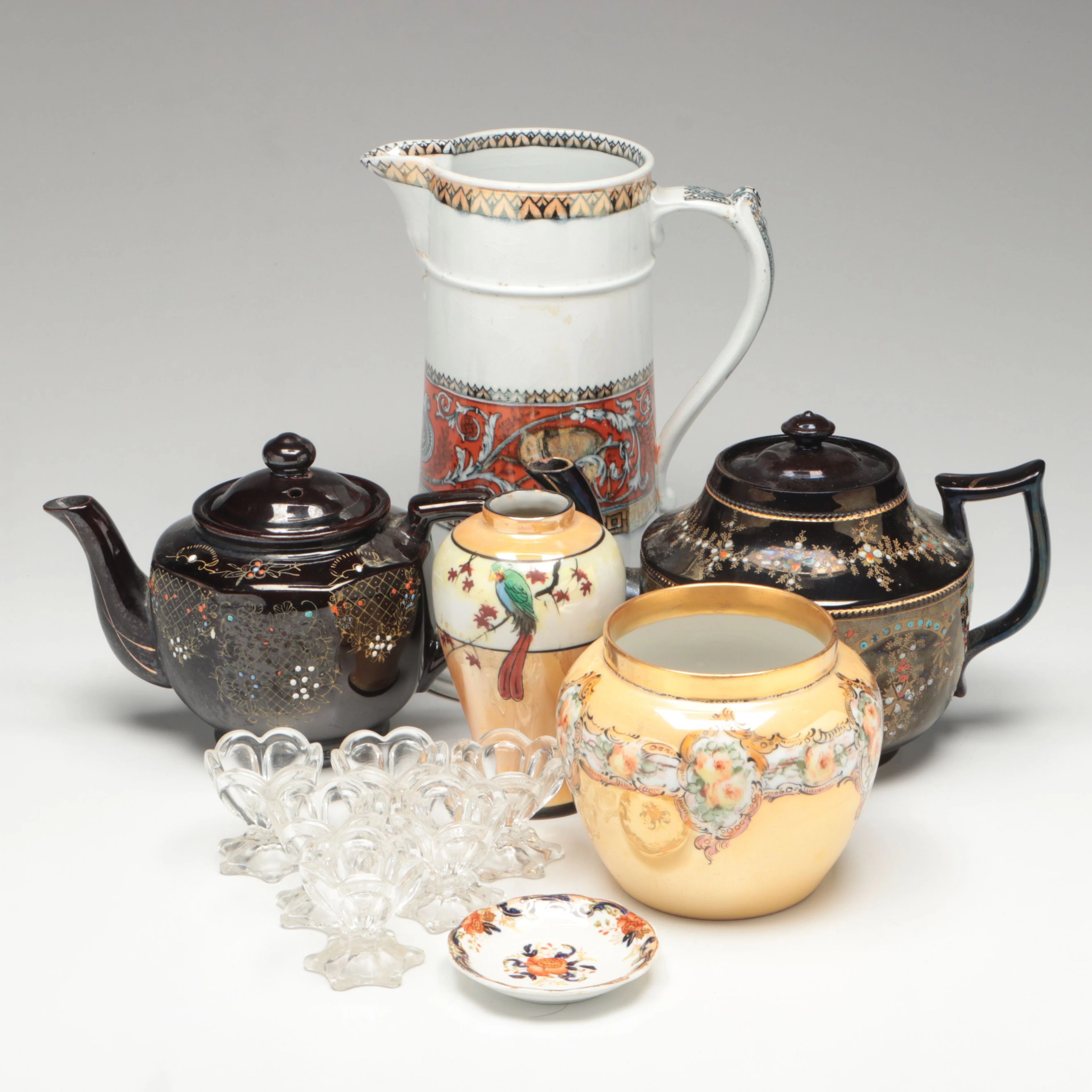 Price Brothers English Ceramic Teapots with Glass Salt Dips, Vases and More