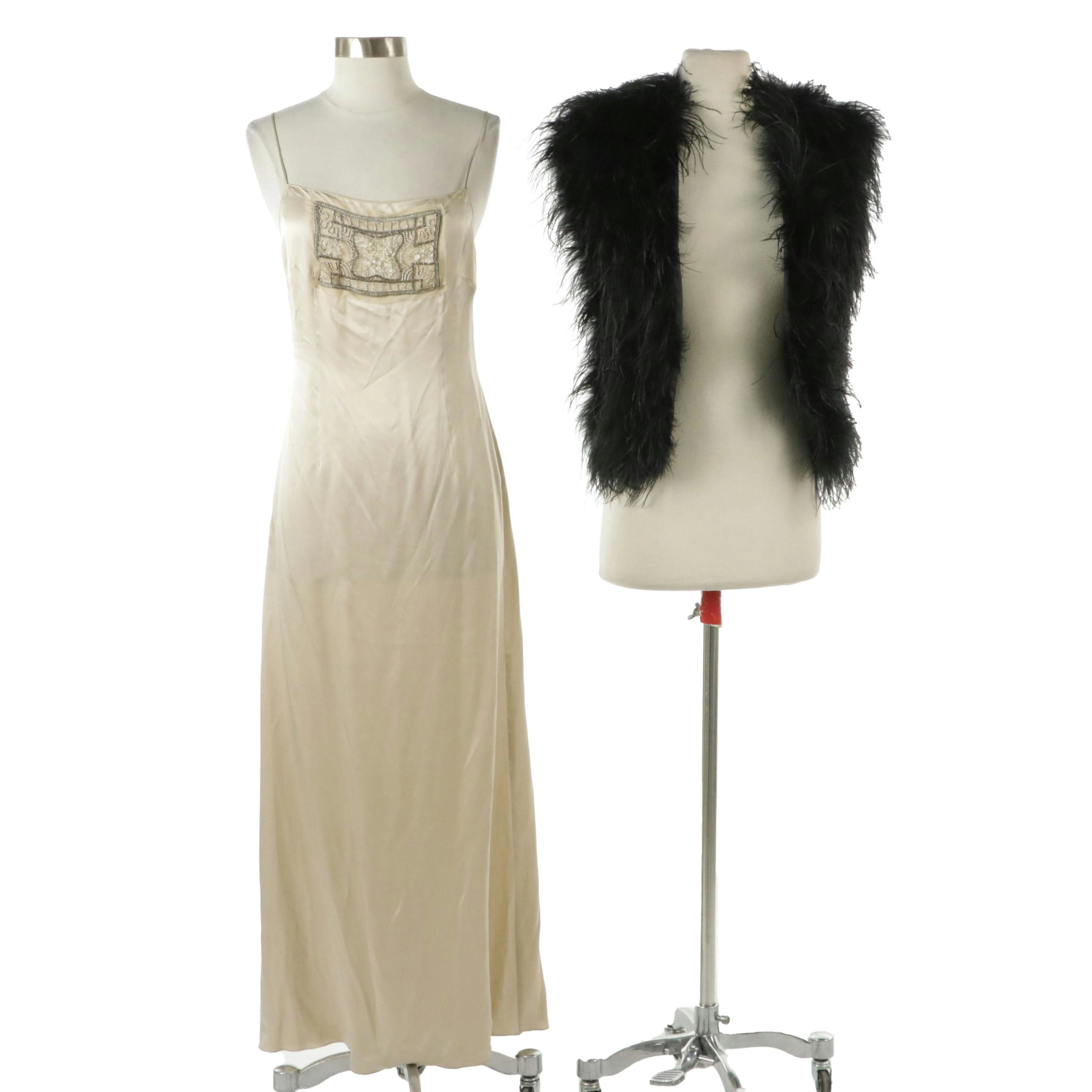Philosophy di Alberta Ferretti Beaded Slip Dress and Other Boa Feather Vest