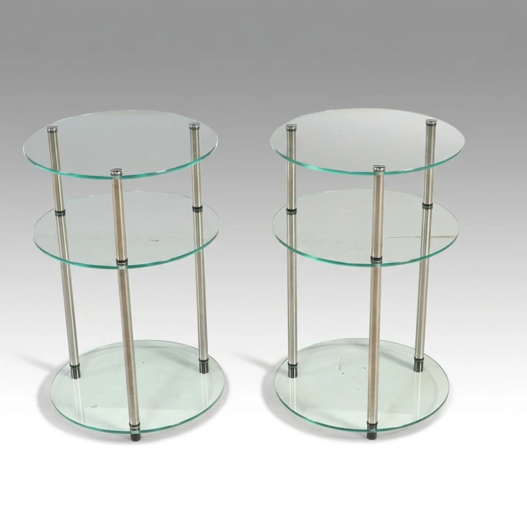 Pair of Contemporary Style Chrome and Round Glass Three-Tier End Tables