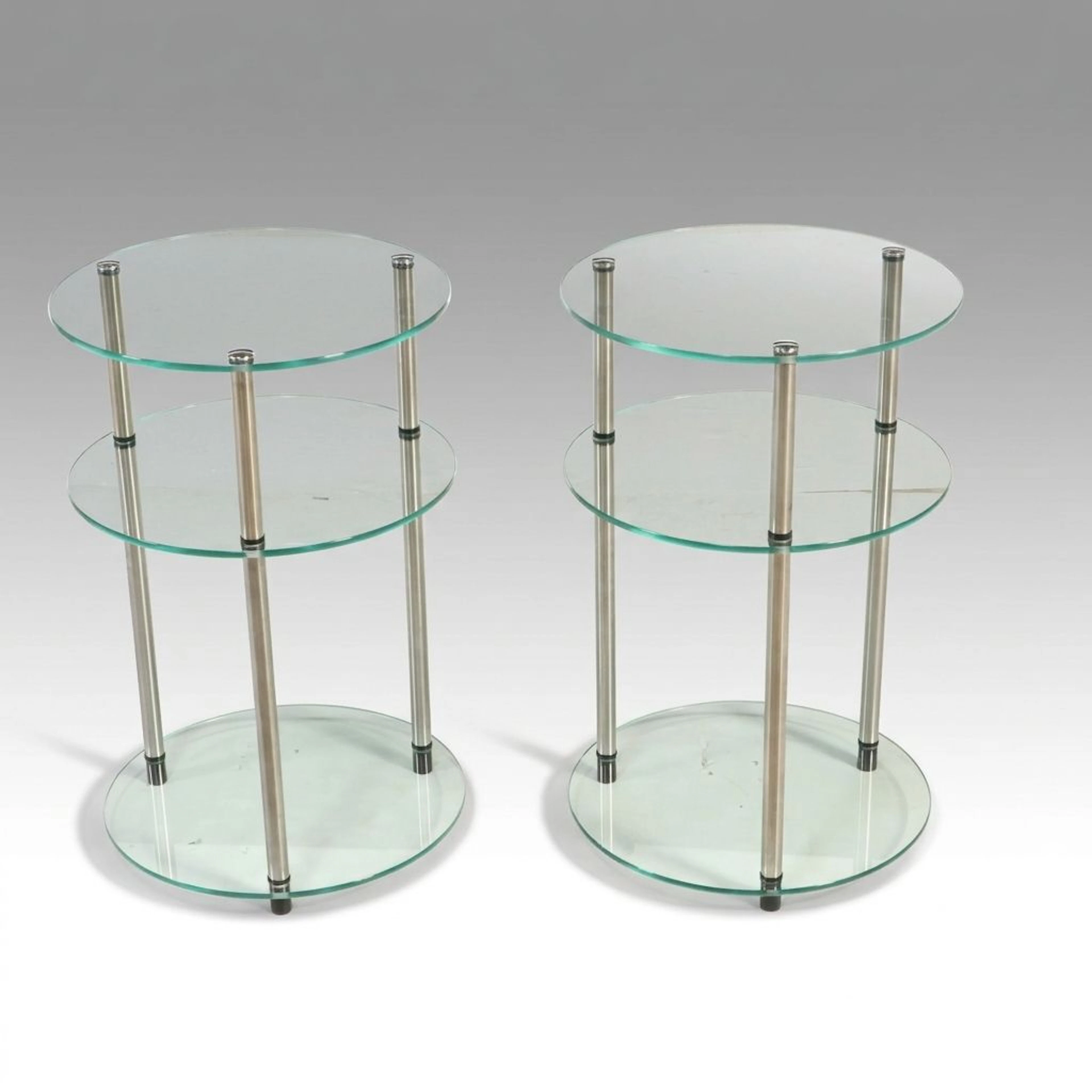 Pair of Contemporary Style Chrome and Round Glass Three-Tier End Tables