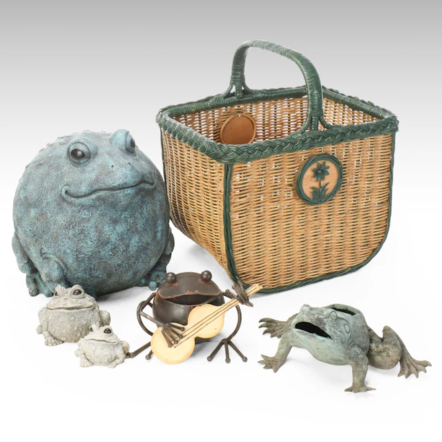 Cast Metal and Other Frog Garden Statues with Wicker Rattan Basket