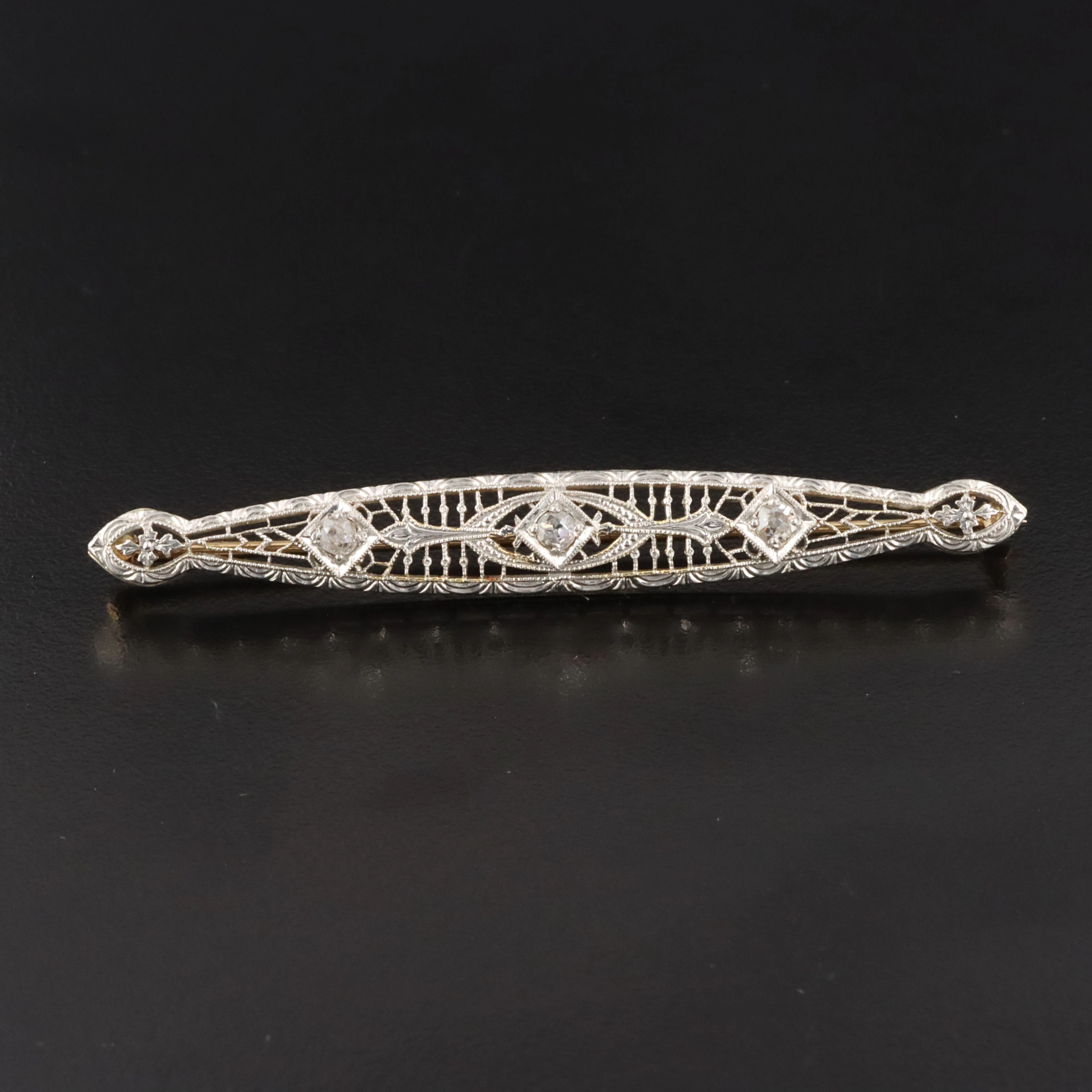 Edwardian Carter Gough 14K and Platinum 0.23 CTW Diamond Openwork Bar Brooch