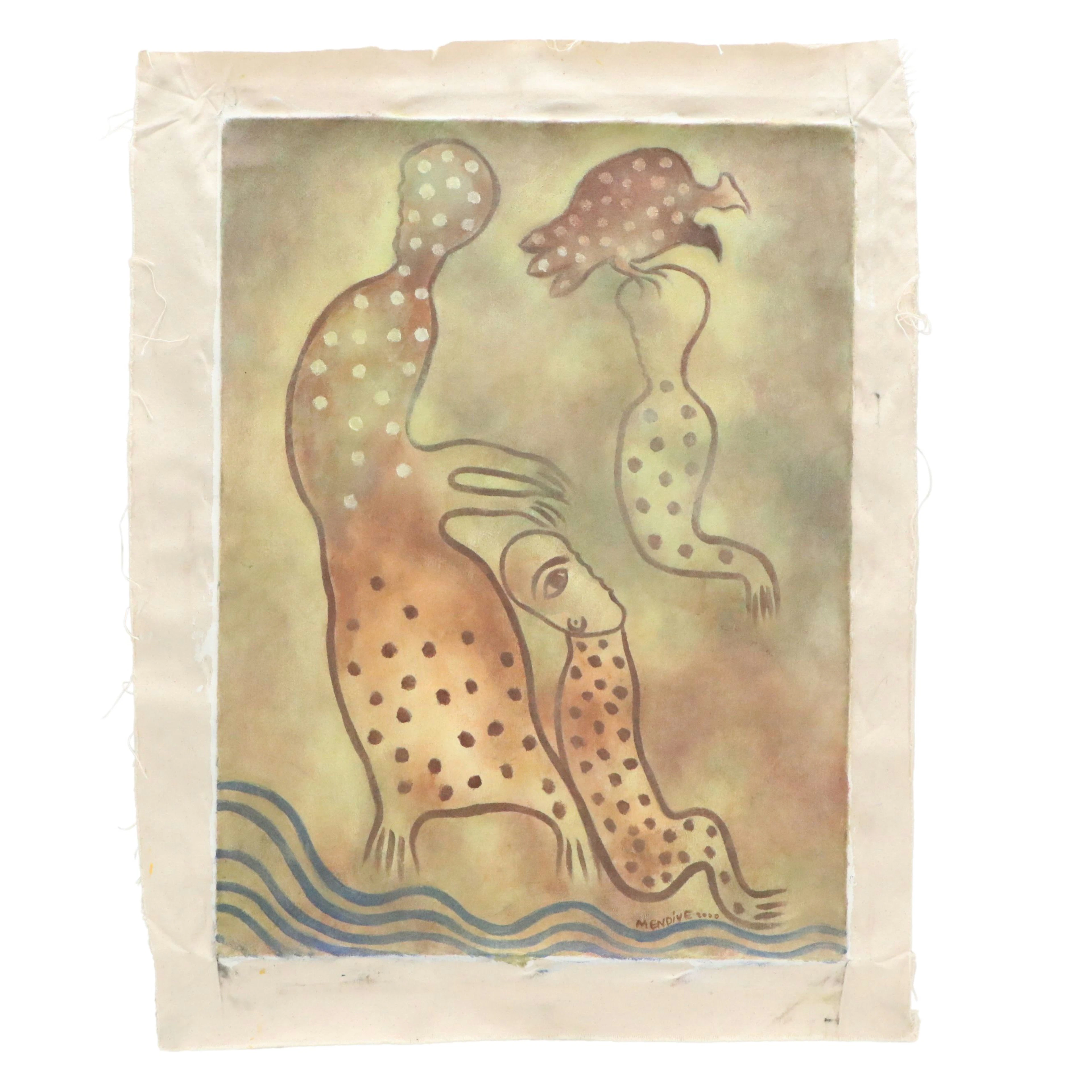 Manuel Mendive Acrylic Wash Painting "Reposo a la Orilla del Rio," 2000