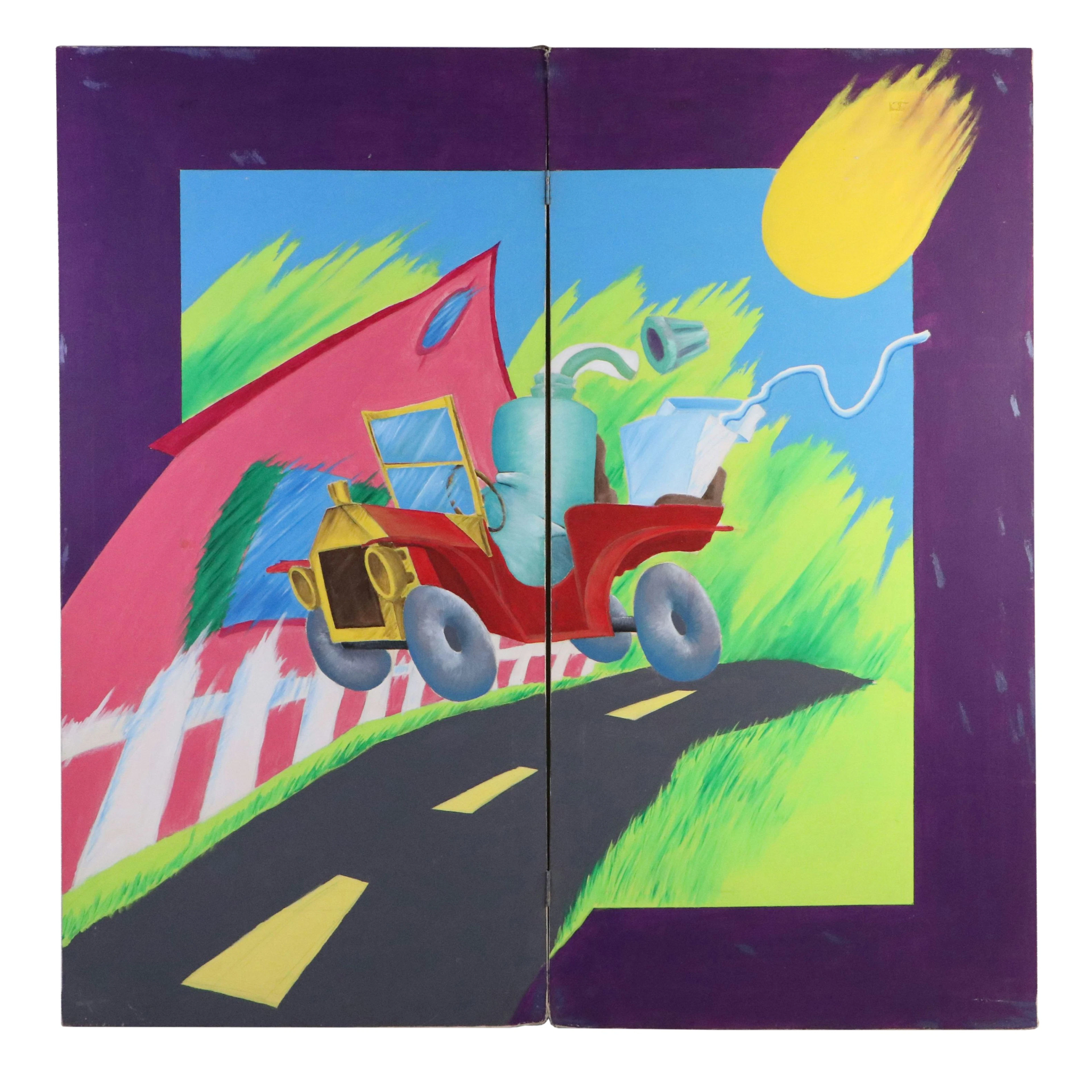 Large-Scale Surrealist Landscape Acrylic Diptych Painting