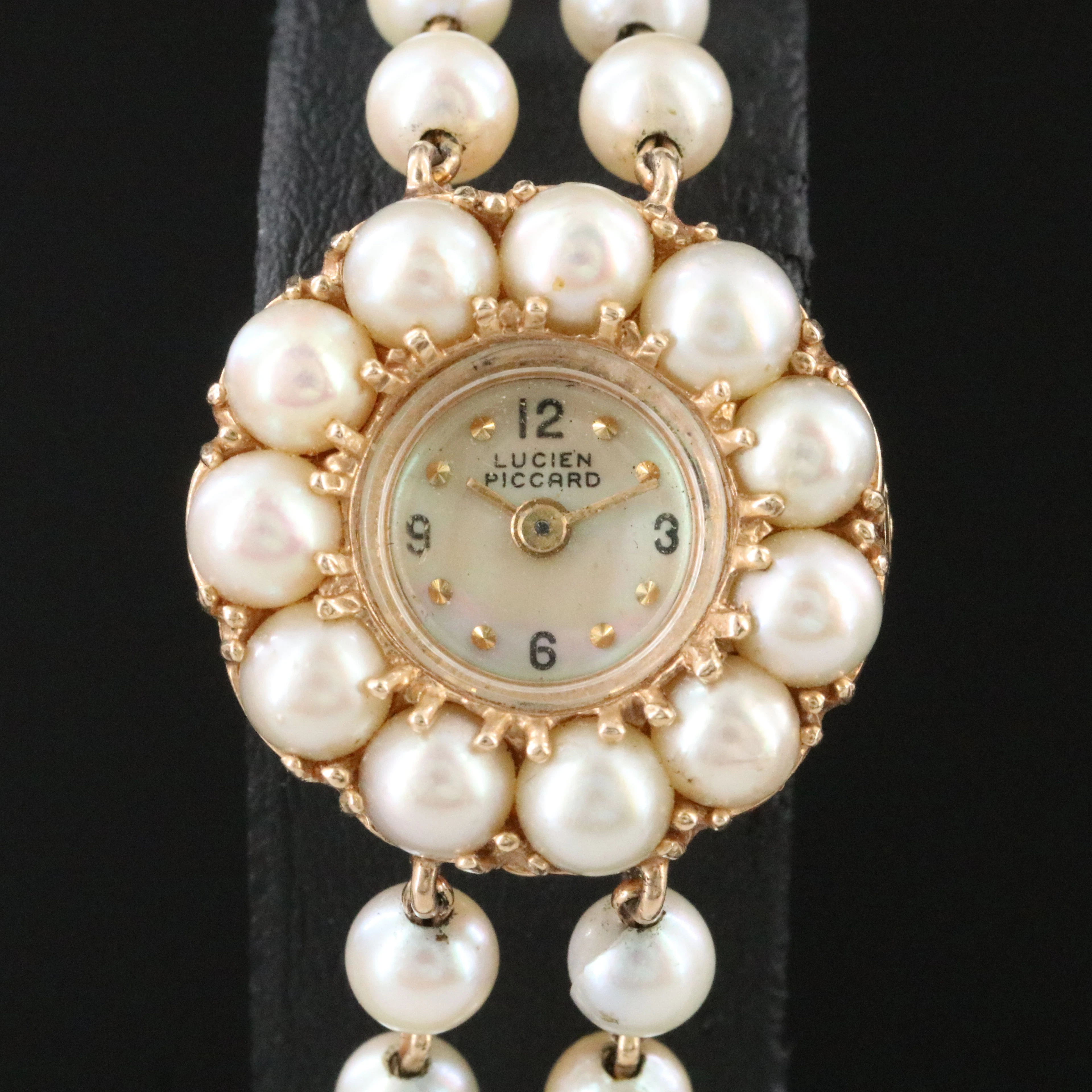 Vintage Lucien Piccard 14K and Pearl Stem Wind Watch