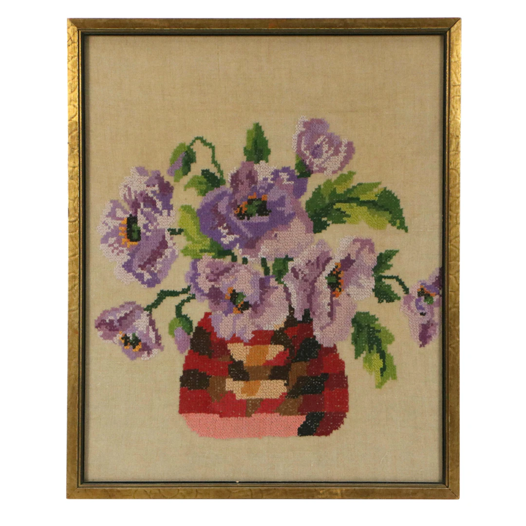 Floral Cross-Stitch Embroidery of Purple Pansies, 20th Century