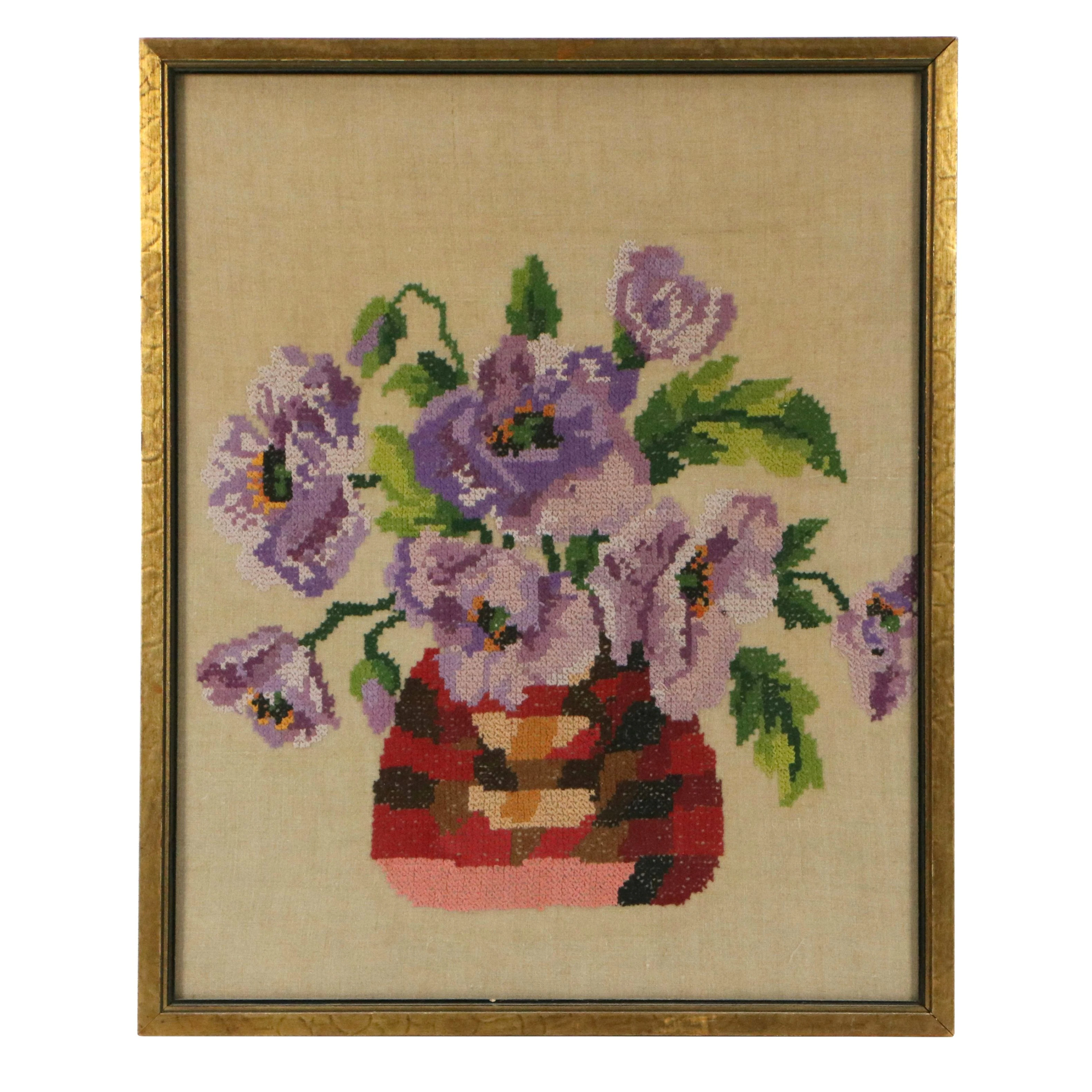 Floral Cross-Stitch Embroidery of Purple Pansies, 20th Century