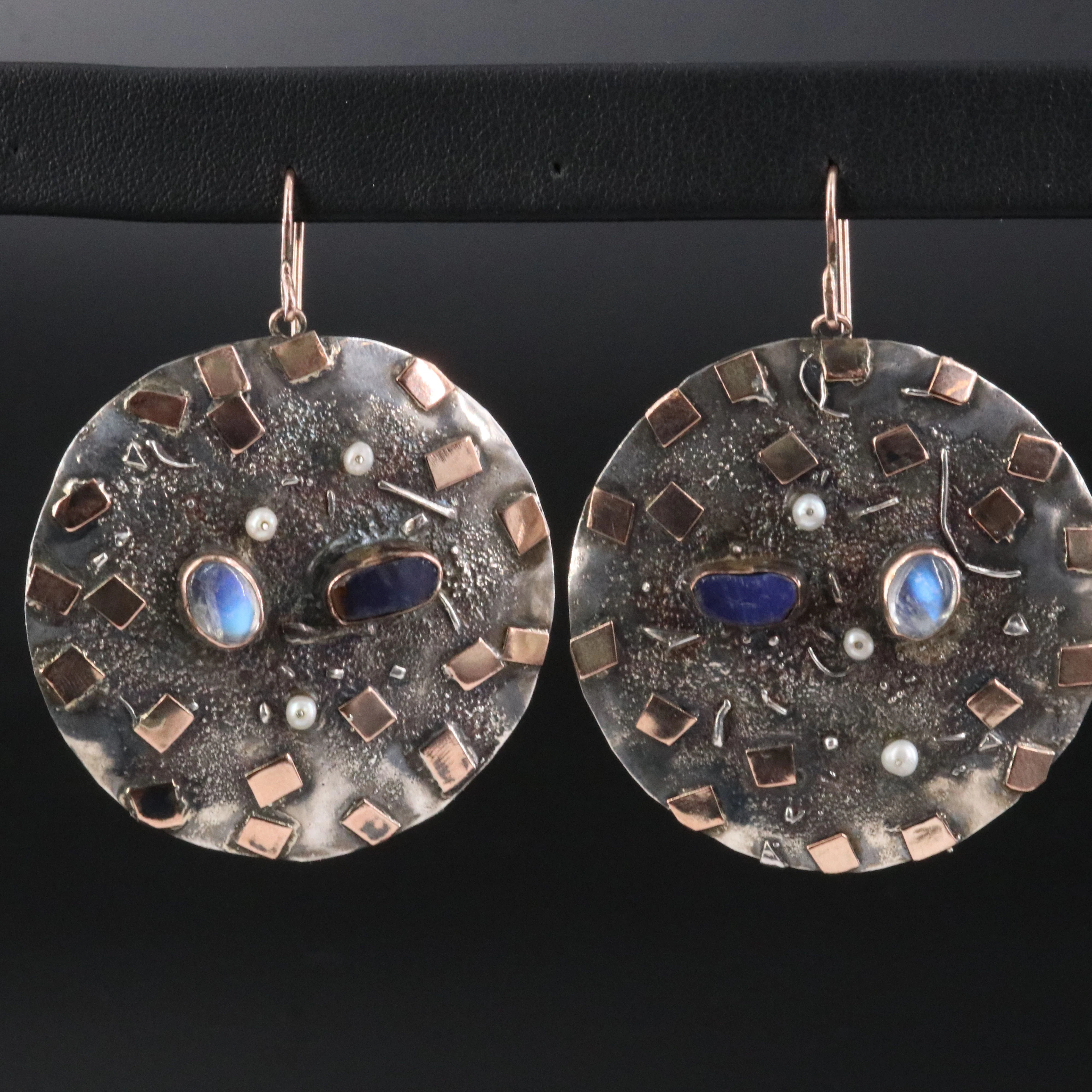 Sandra Dini Sterling Disc Earrings with Moonstone, Pearl, and Opal Doublet