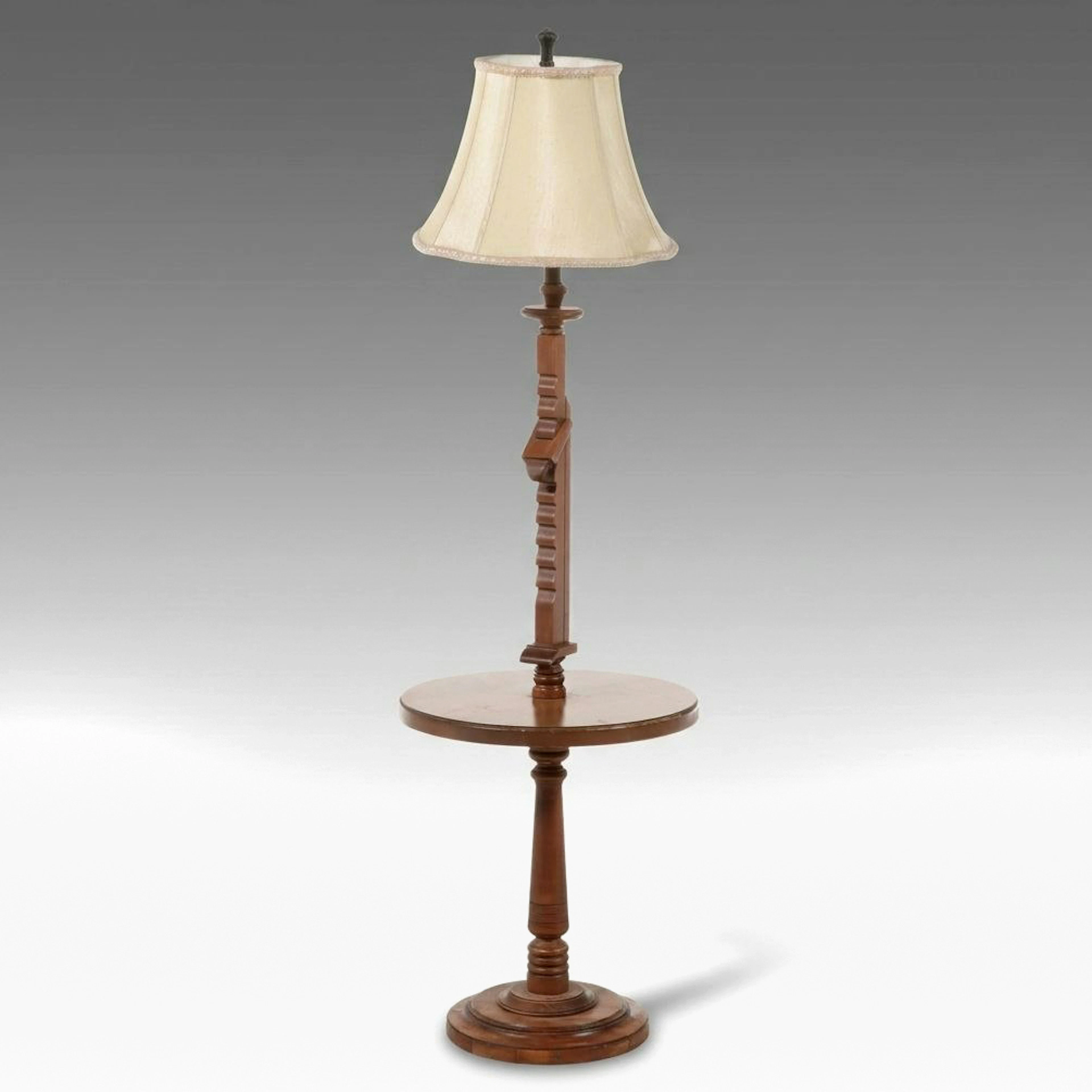 Colonial Revival Style Ratchet Walnut Stained Floor Lamp Table and Silk Shade