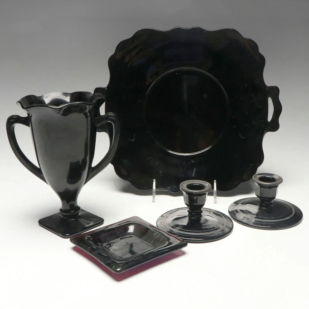 Smith "Snake Dance" Vase and "Mt. Pleasant" Tray with More Black Glassware