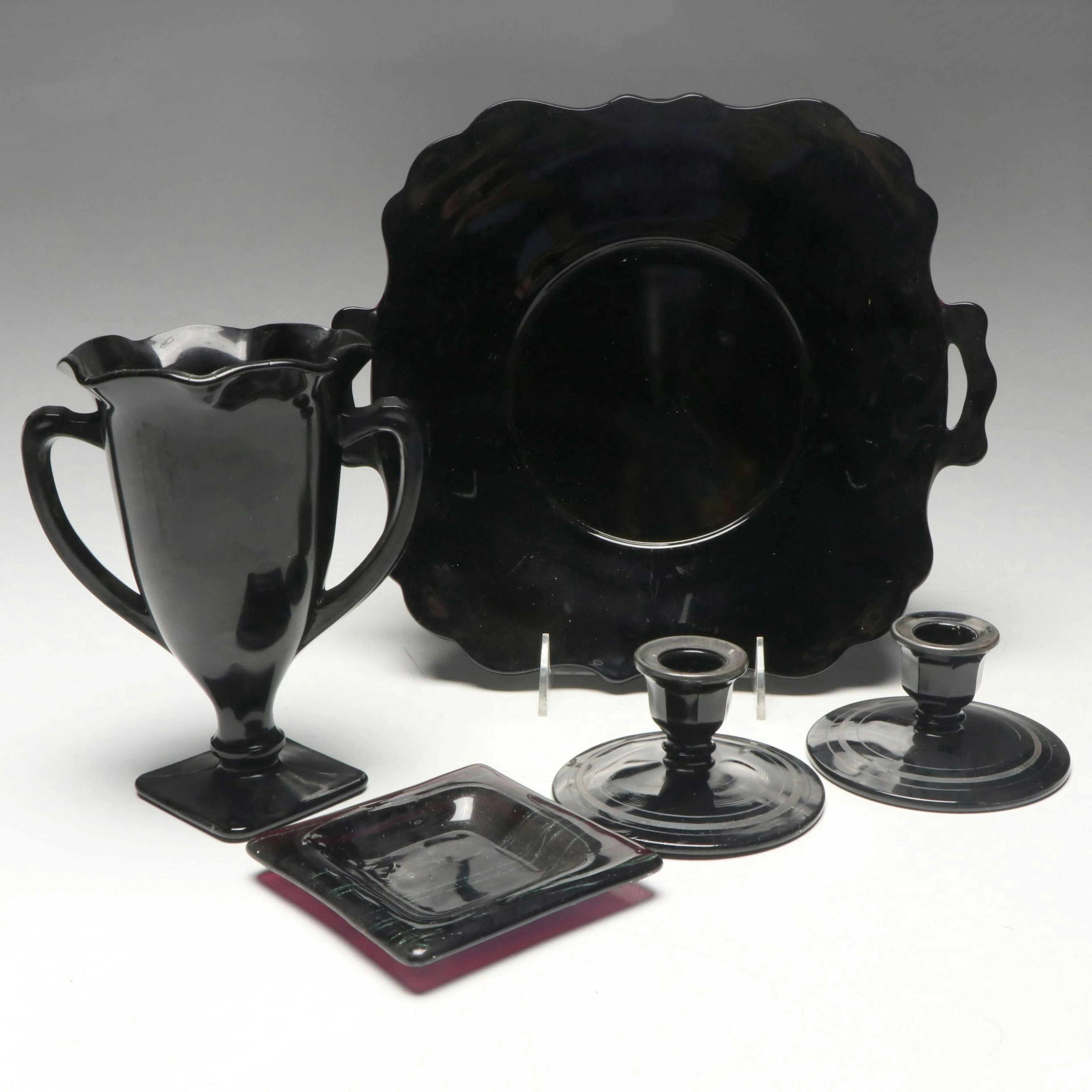 Smith "Snake Dance" Vase and "Mt. Pleasant" Tray with More Black Glassware