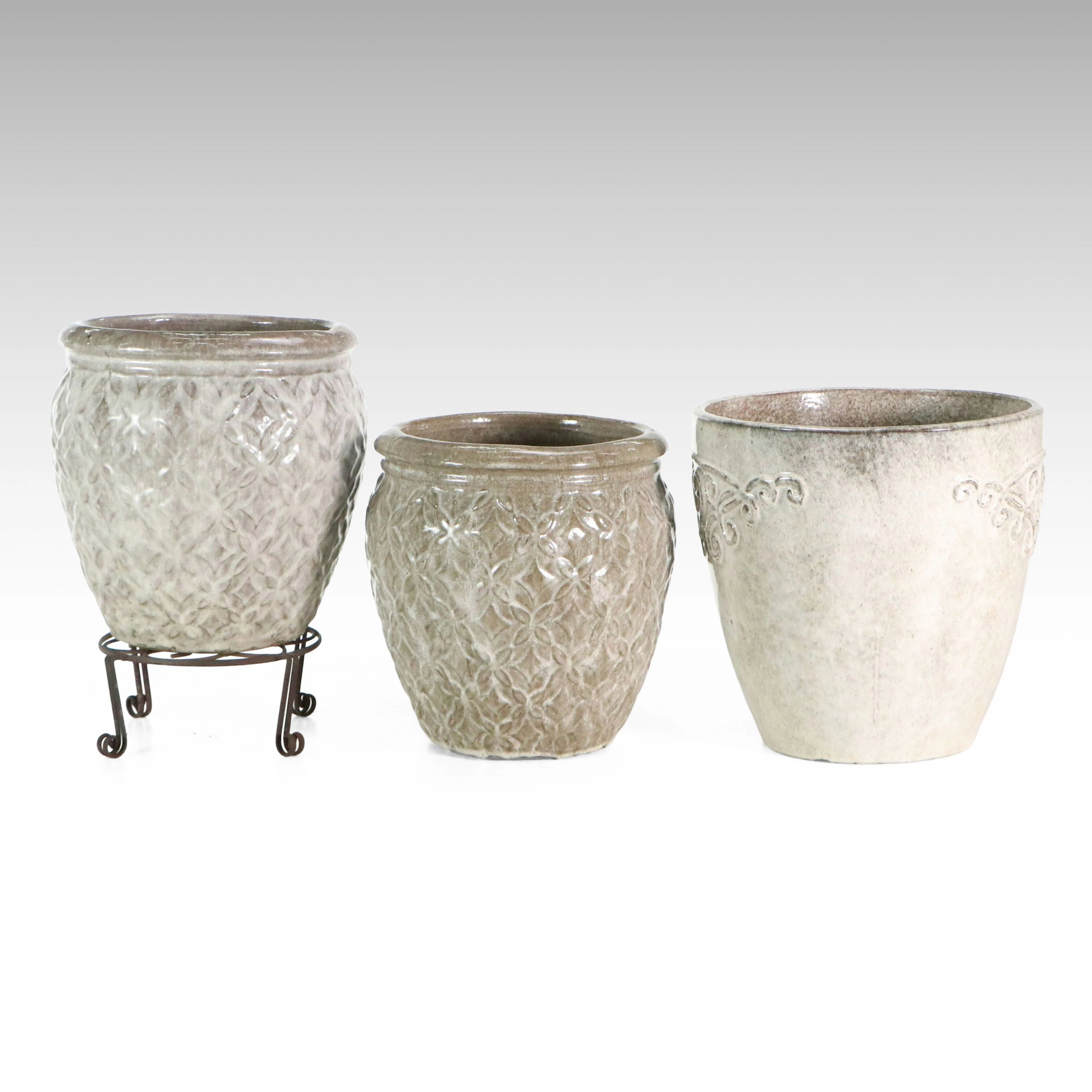 Glazed Earthenware Planters with Wrought Metal Stand