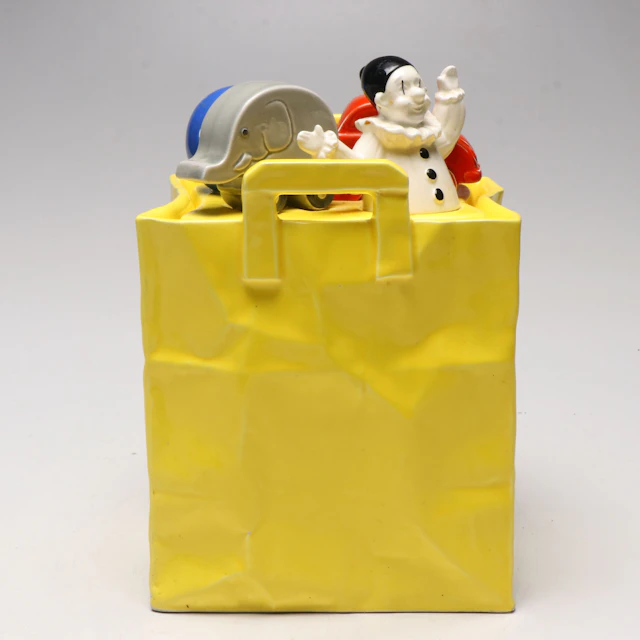 Vintage Japanese Ceramic Children's Toy Bag Cookie Jar, Mid to Late 20th C.