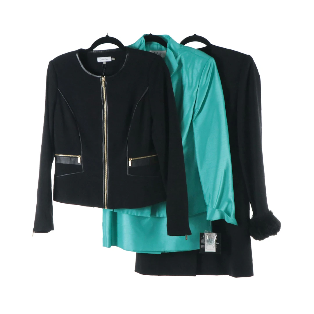 Calvin Klein Knit Jacket, Le Suit Skirt Suit, and Emily Coat Dress