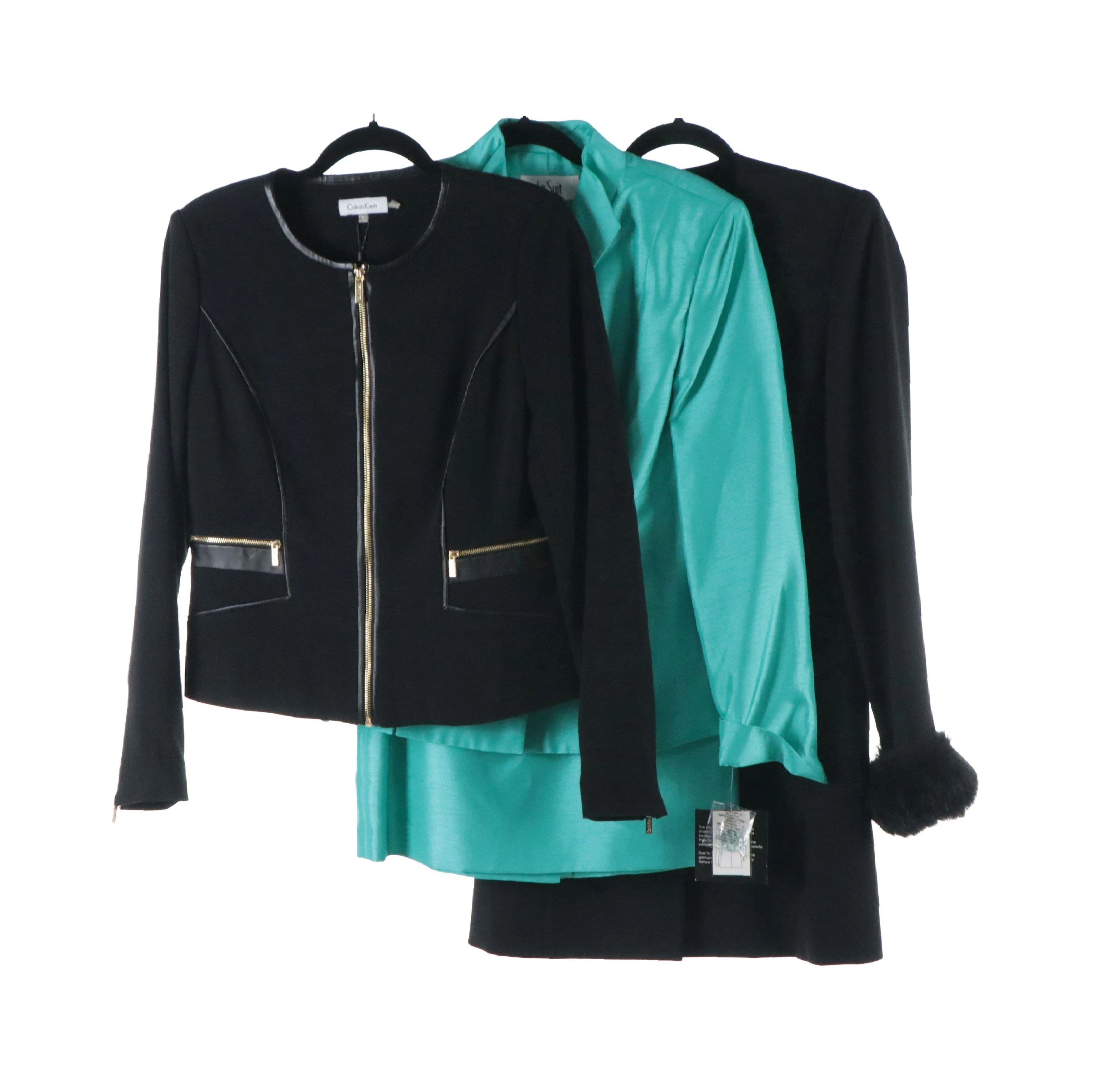Calvin Klein Knit Jacket, Le Suit Skirt Suit, and Emily Coat Dress