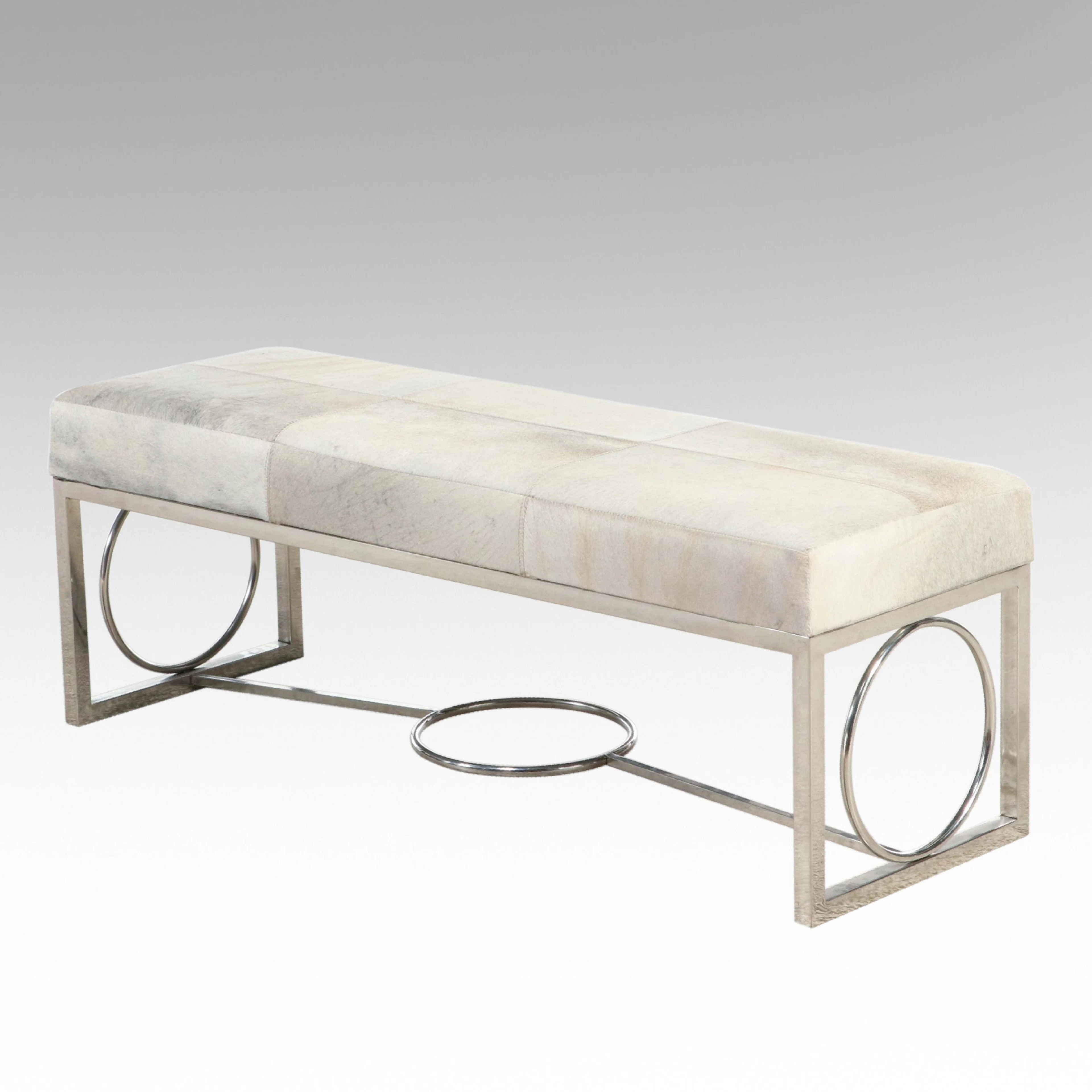 Contemporary Off-White Hair-on-Hide and Polished Stainless Steel Bench, 21st C.