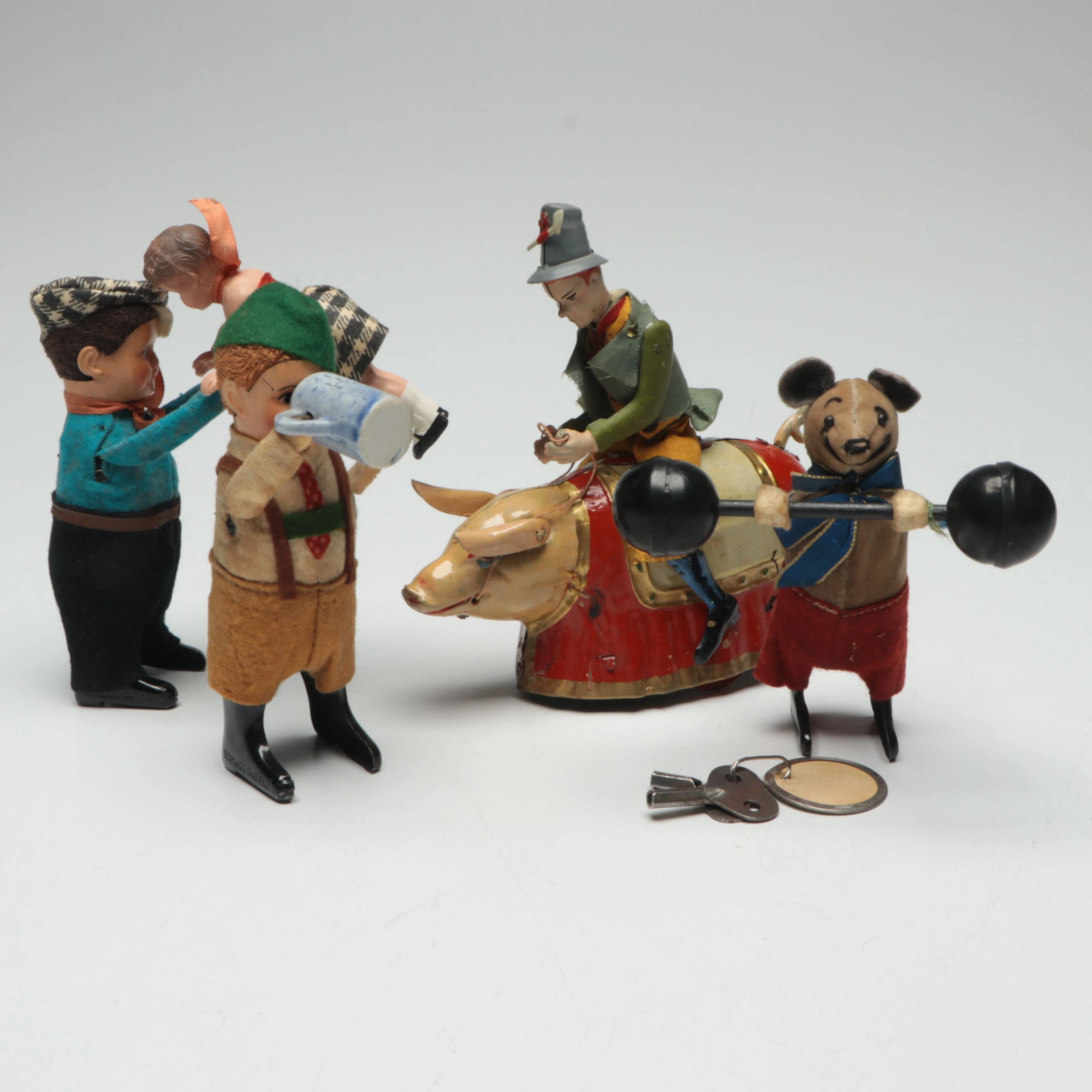 Lehmann "Paddy and the Pig" with Schuco Wind-Up Toys, Early to Mid-20th Century