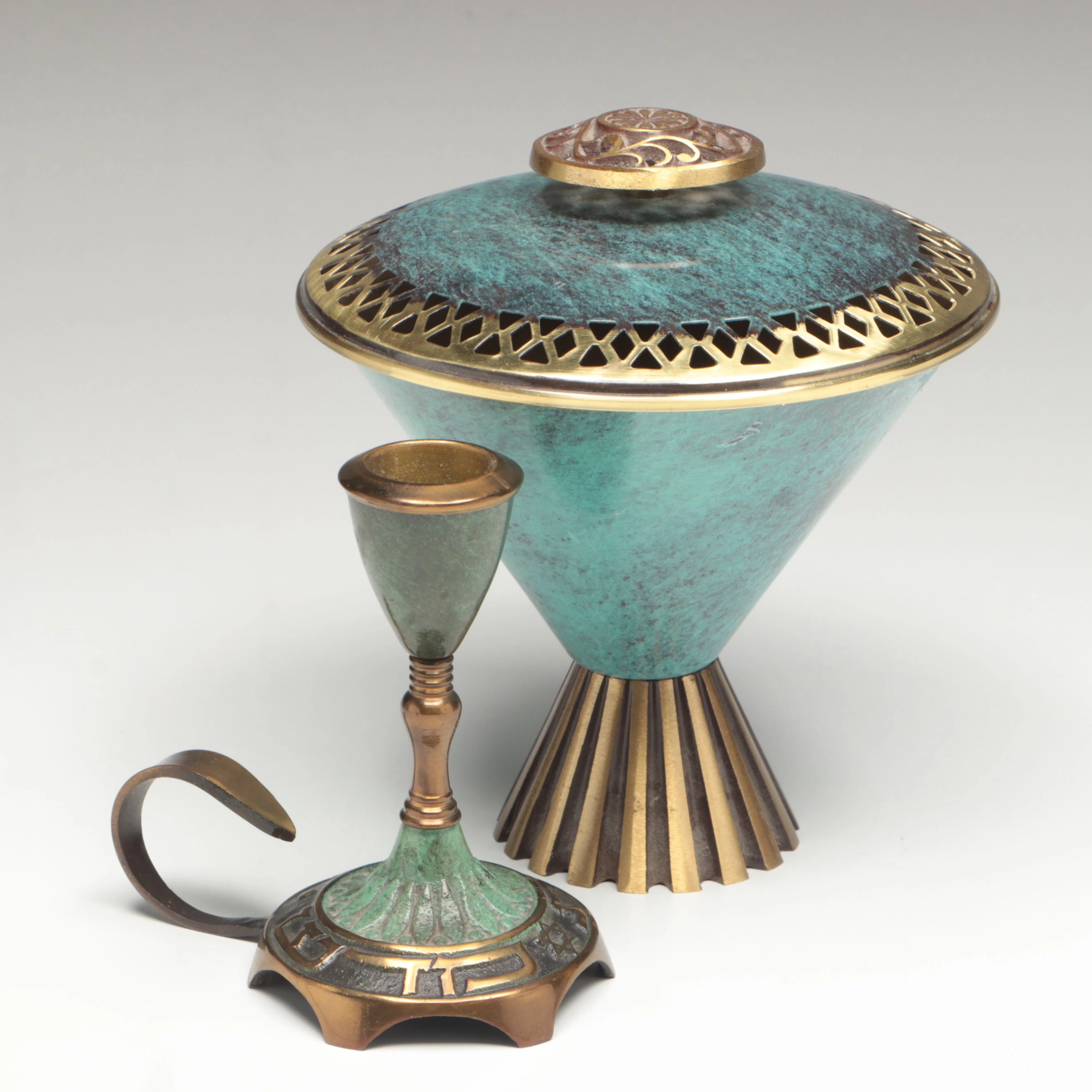 Israeli Enamel Lidded Vessel with Brass Finish Chamberstick, 20th Century