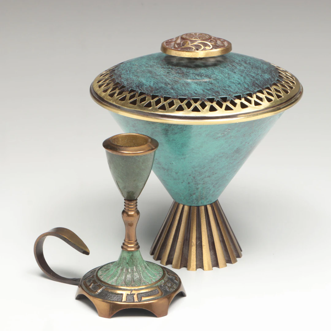 Israeli Enamel Lidded Vessel with Brass Finish Chamberstick, 20th Century