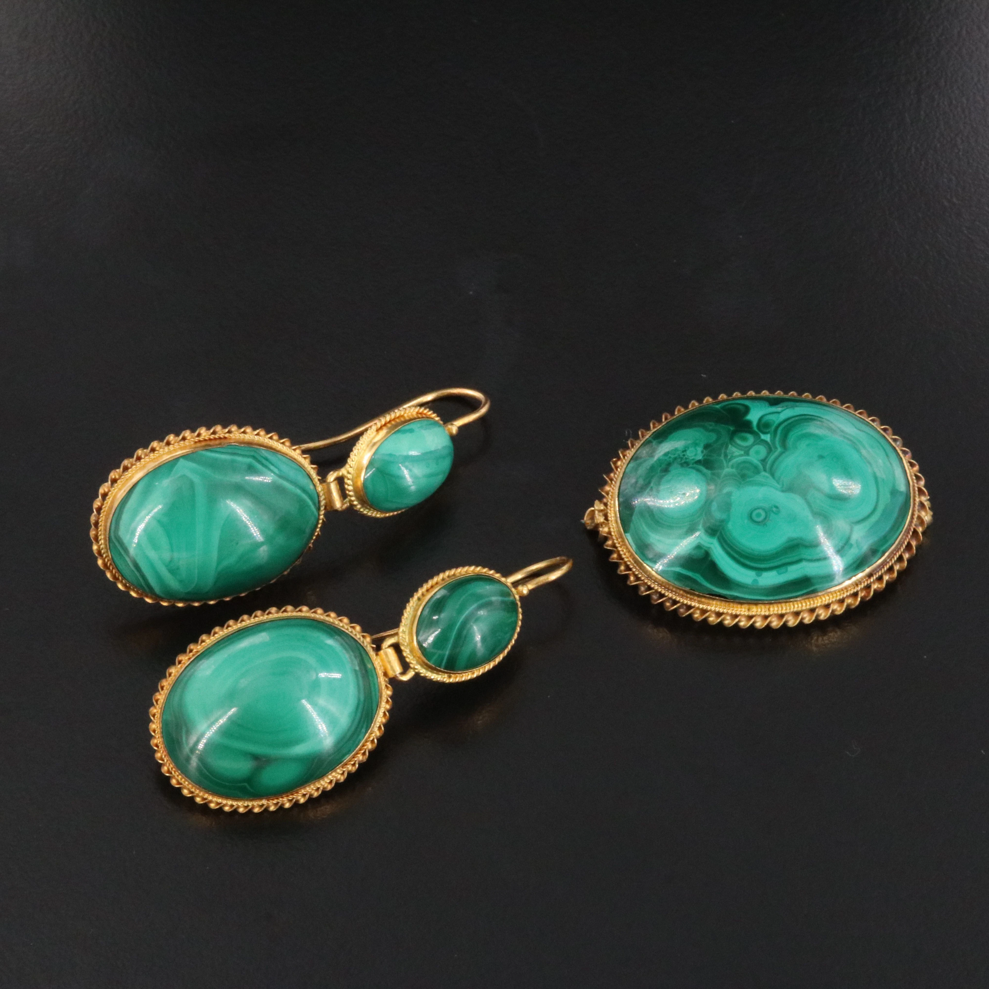 Victorian Sentimental 14K Malachite & Hair Brooch Earrings Set