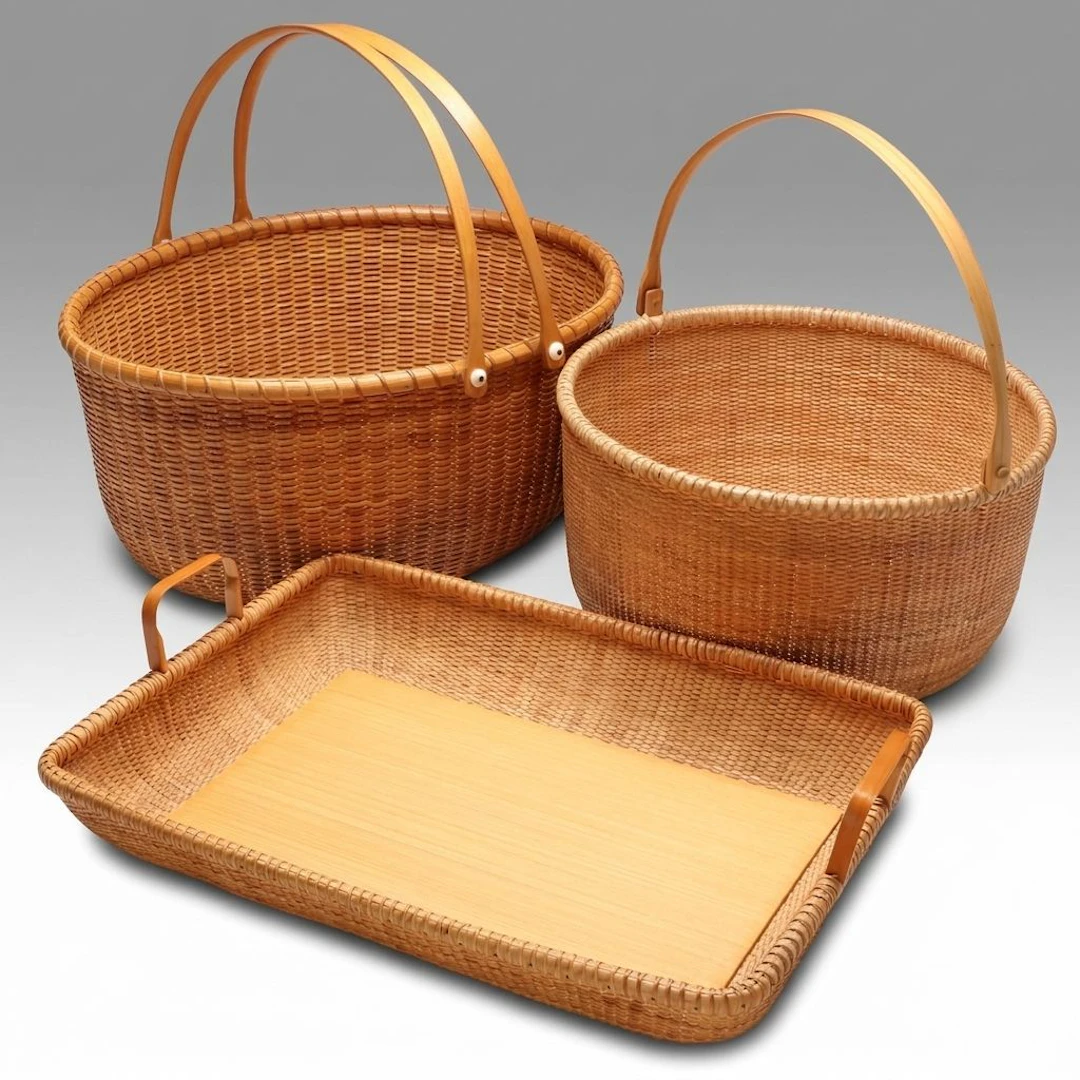 Mid Century Modern Style Woven Wood Baskets and Tray