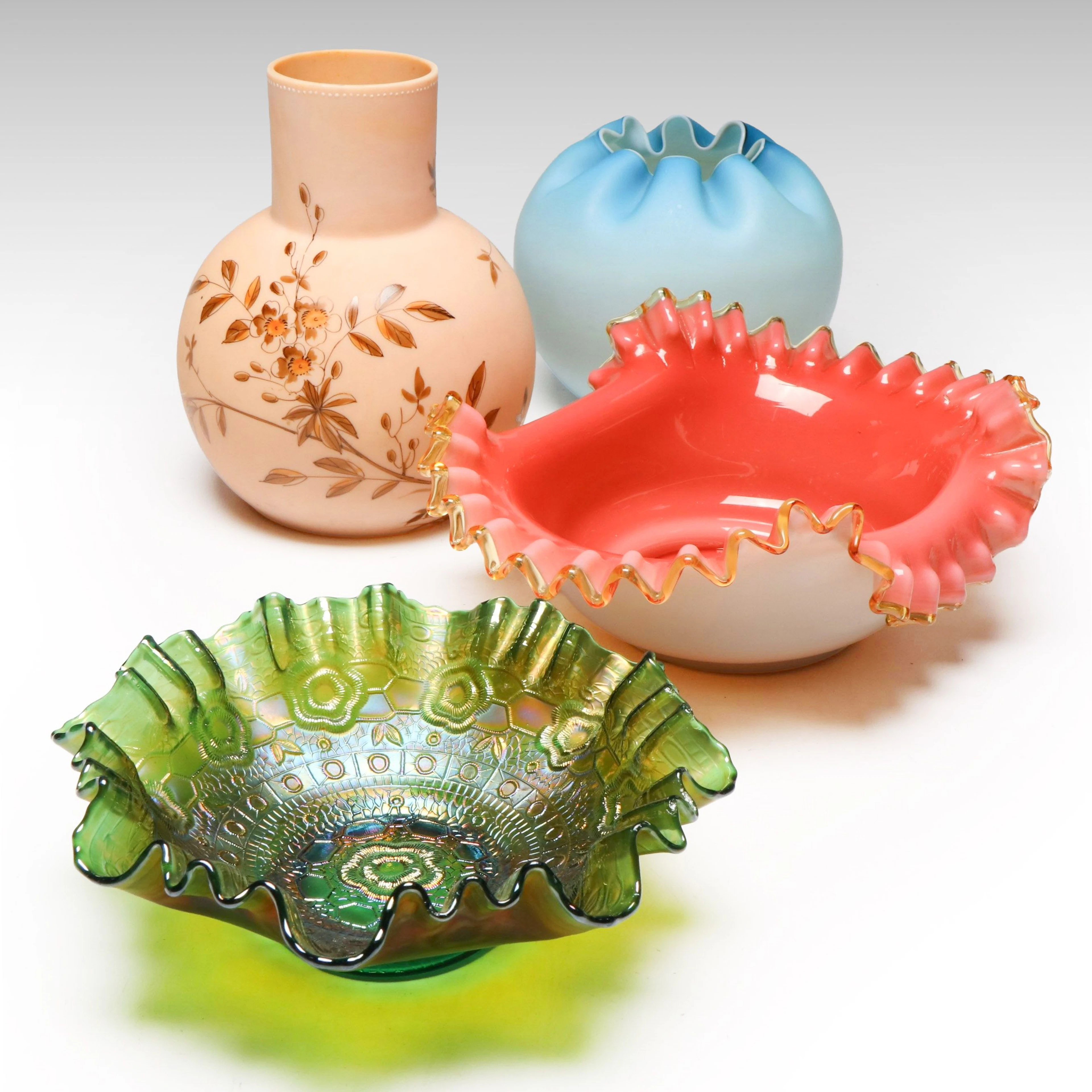 Fenton "Captive Rose" Carnival Glass Bowl with Fireglow Vase and Other Bowls