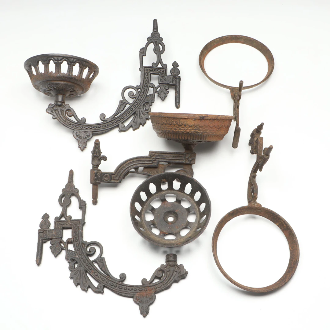 Victorian Style Cast Iron Oil Lamp Brackets, Antique