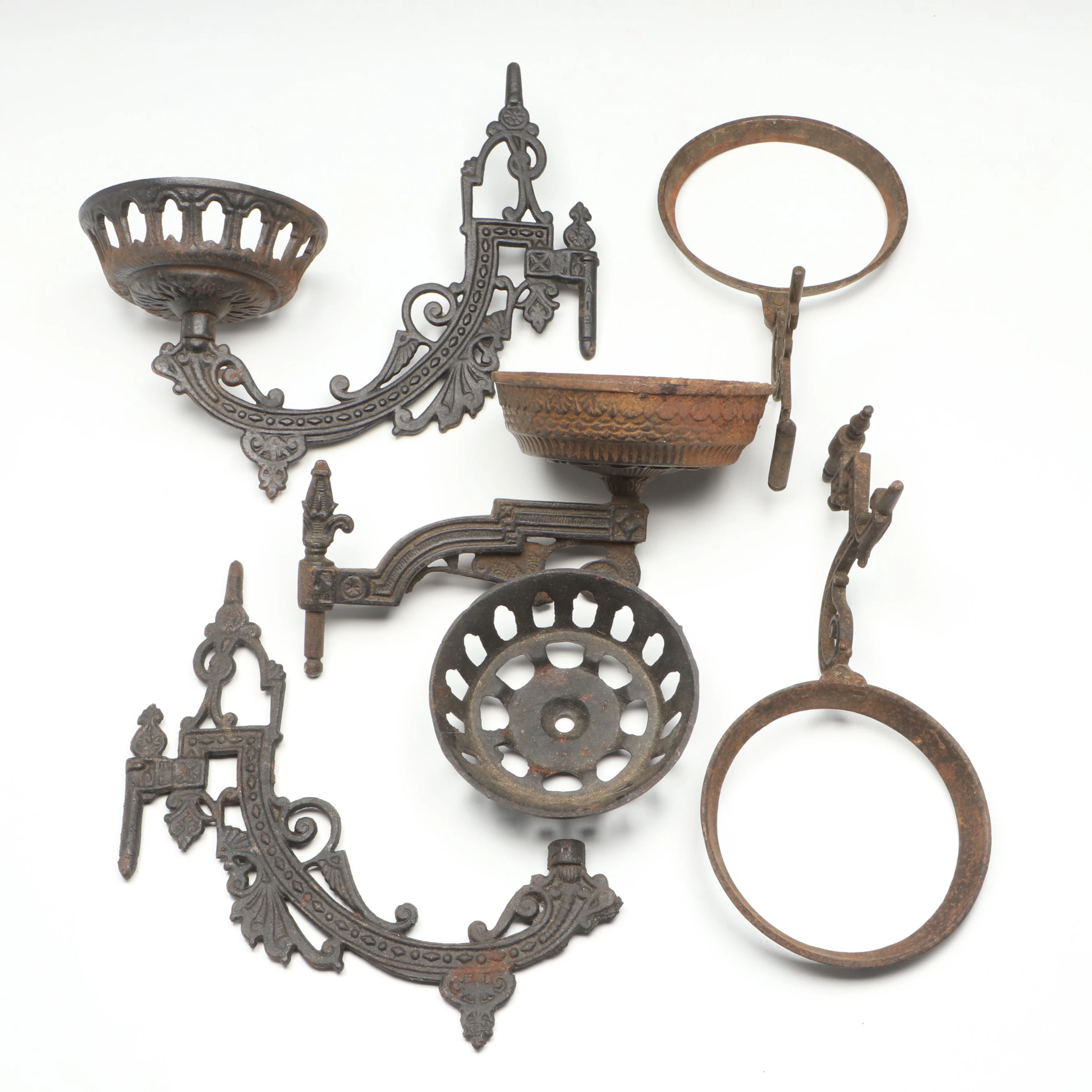 Victorian Style Cast Iron Oil Lamp Brackets, Antique