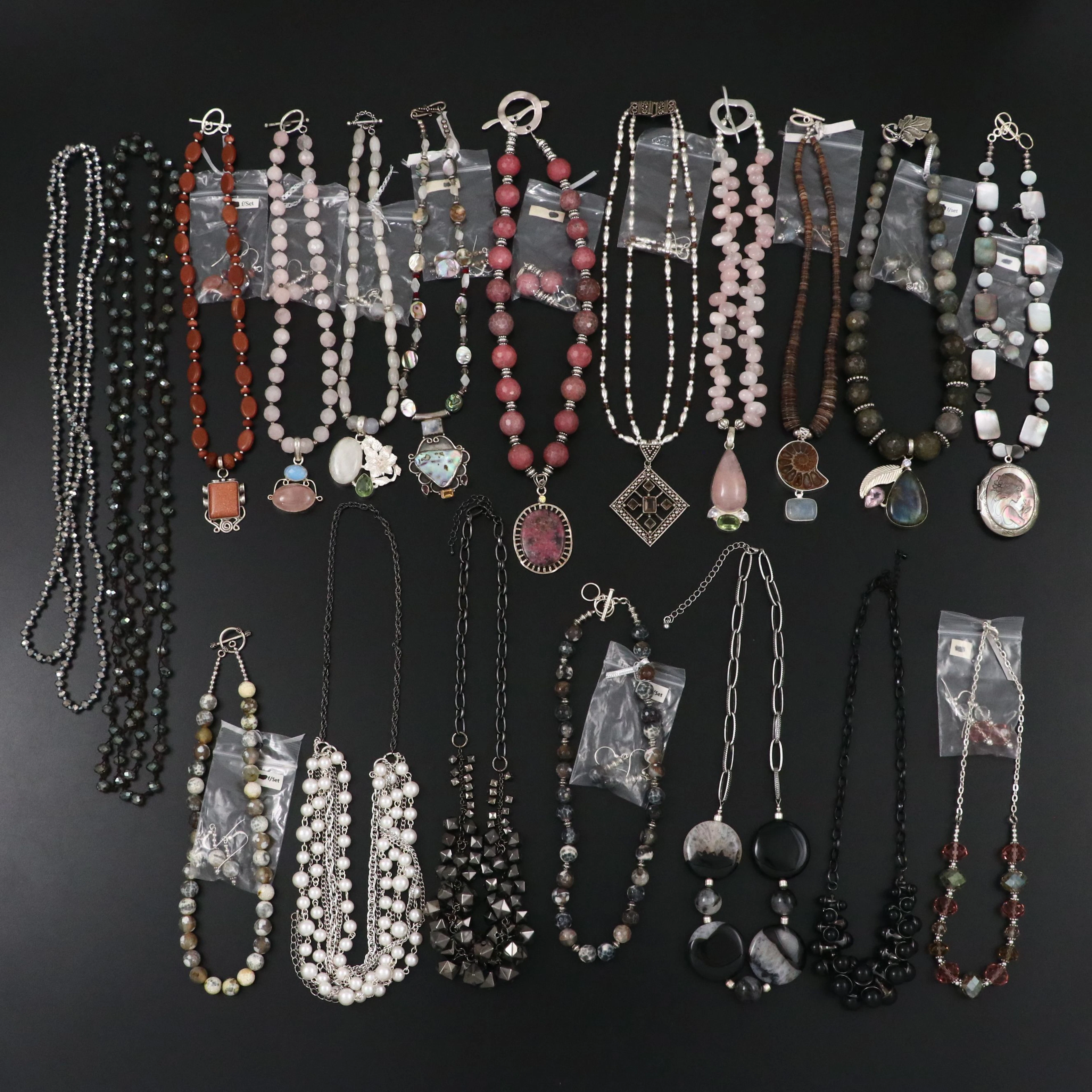 Rose Quartz, Labradorite, Ammonite and Other Beaded Necklaces and Earrings