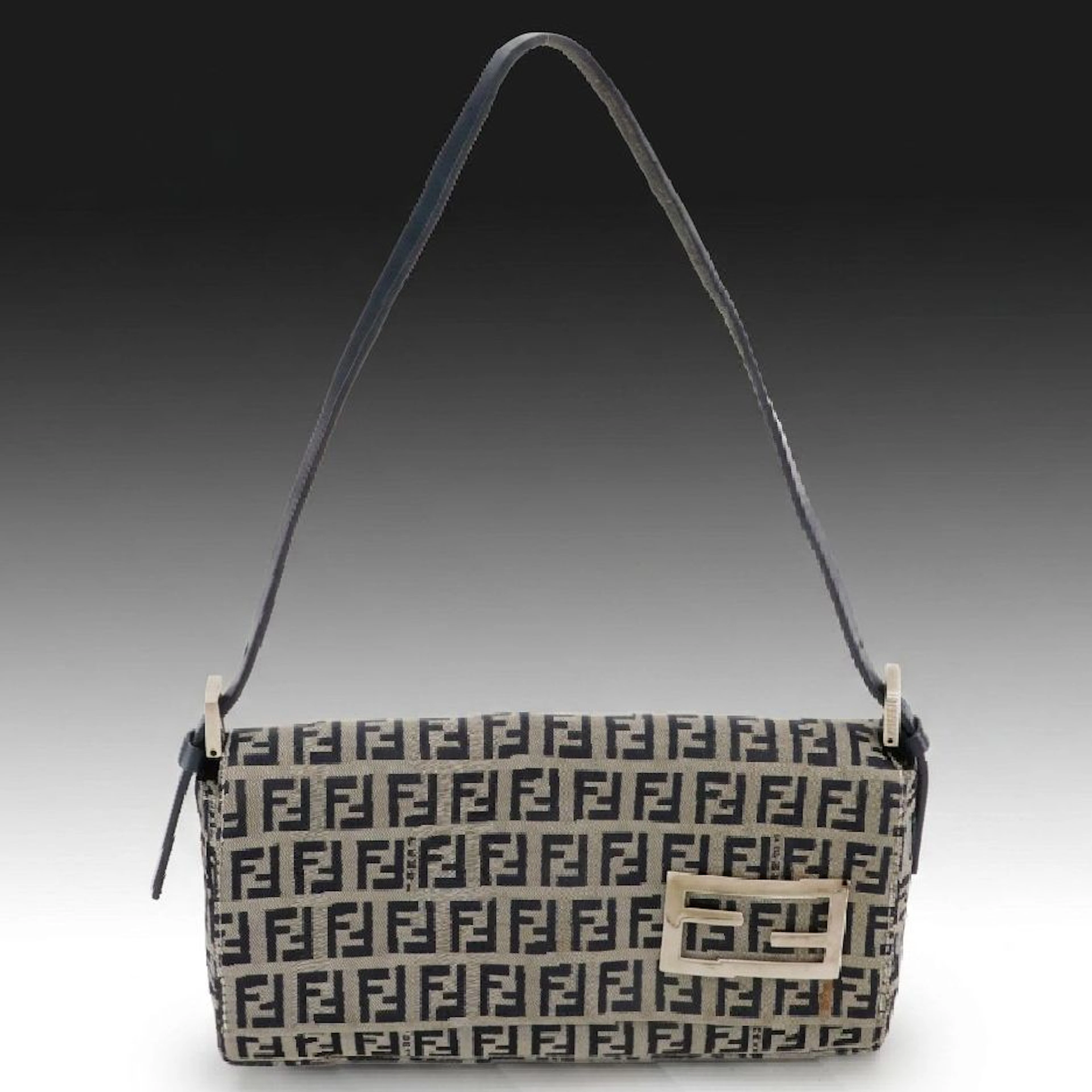 Fendi Front Flap Baguette Shoulder Bag in Navy Blue Zucchino Canvas and Leather