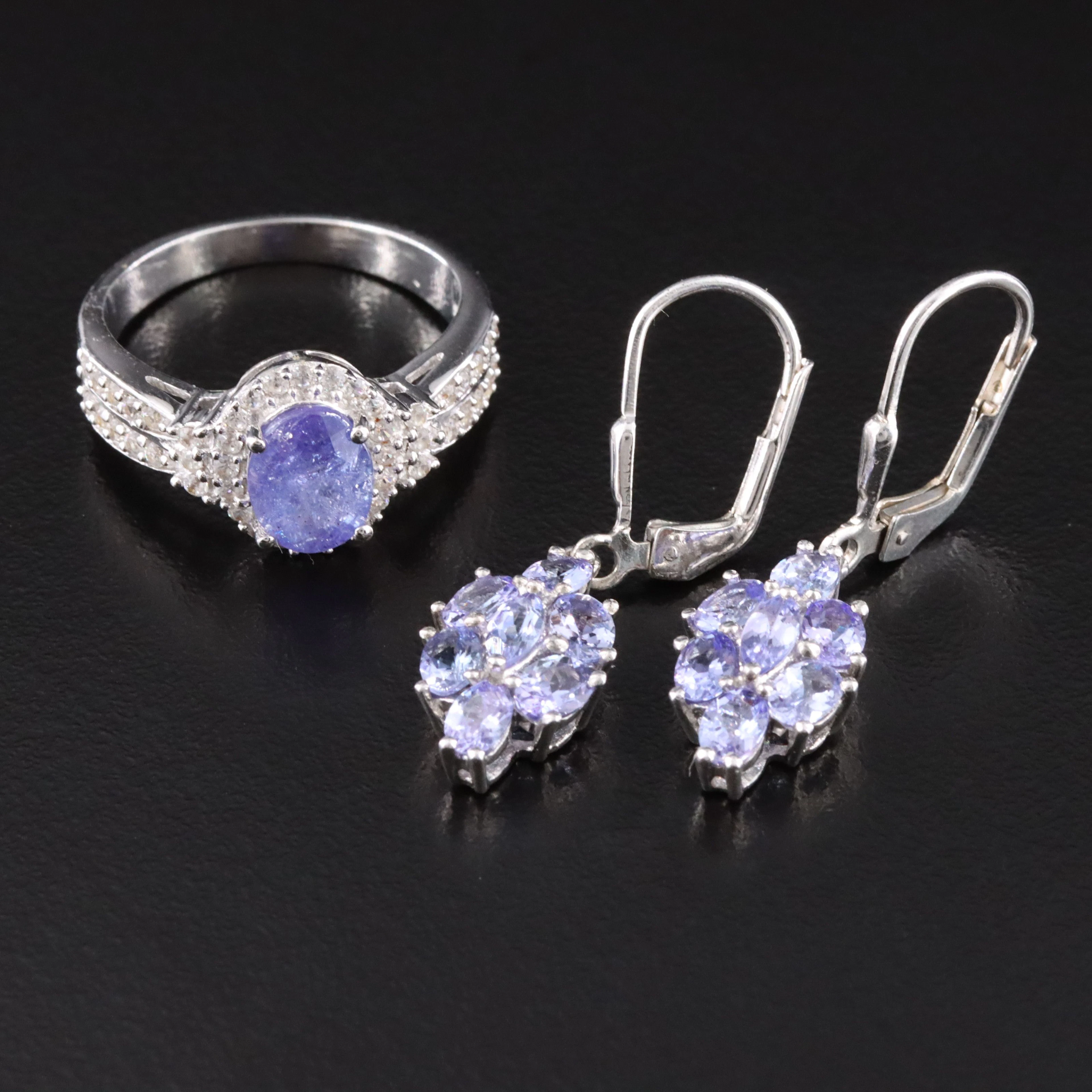 Sterling Tanzanite and White Zircon Ring and Earrings