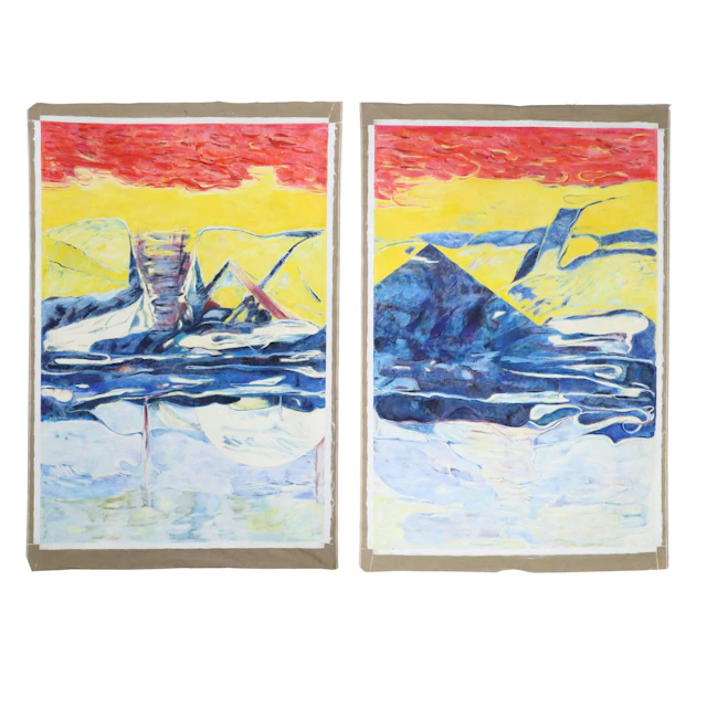 Ronald Newman Surreal Landscape Diptych Oil Painting on Unstretched Linen