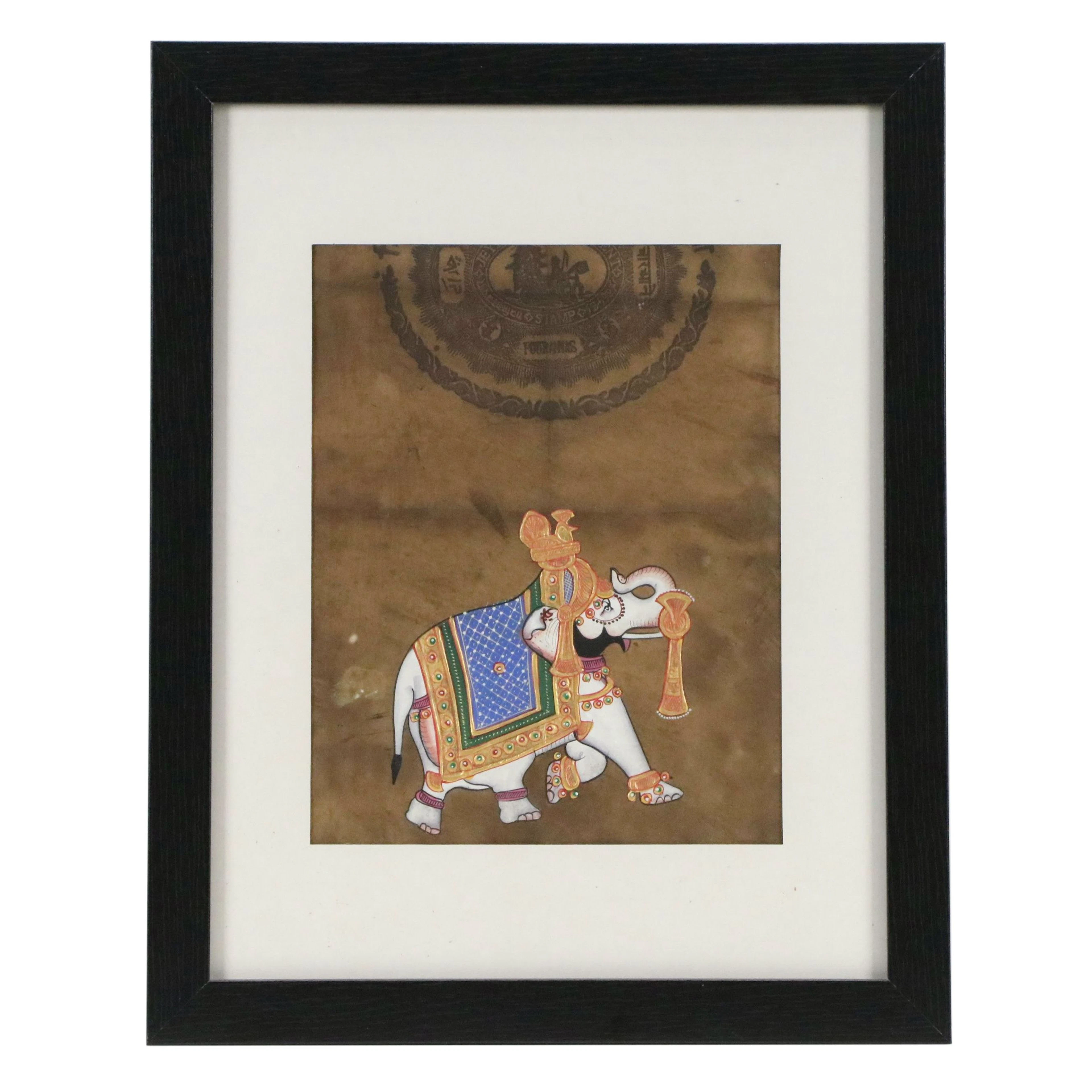 Mughal Style Gouache Elephant Painting on Jaipur Revenue Stamp Paper