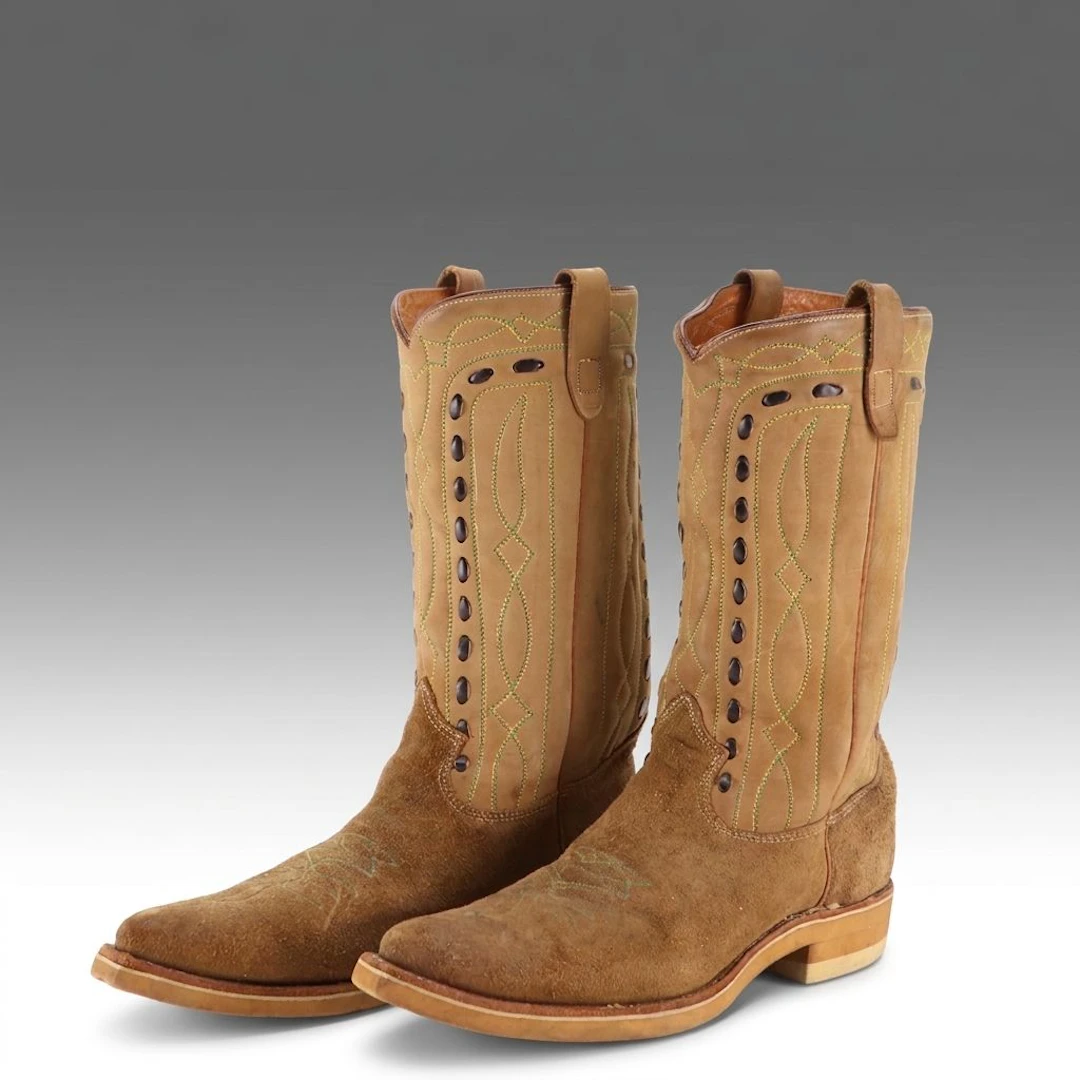 Men's Embroidered Suede and Leather Cowboy Boots with Running Stitch Detail