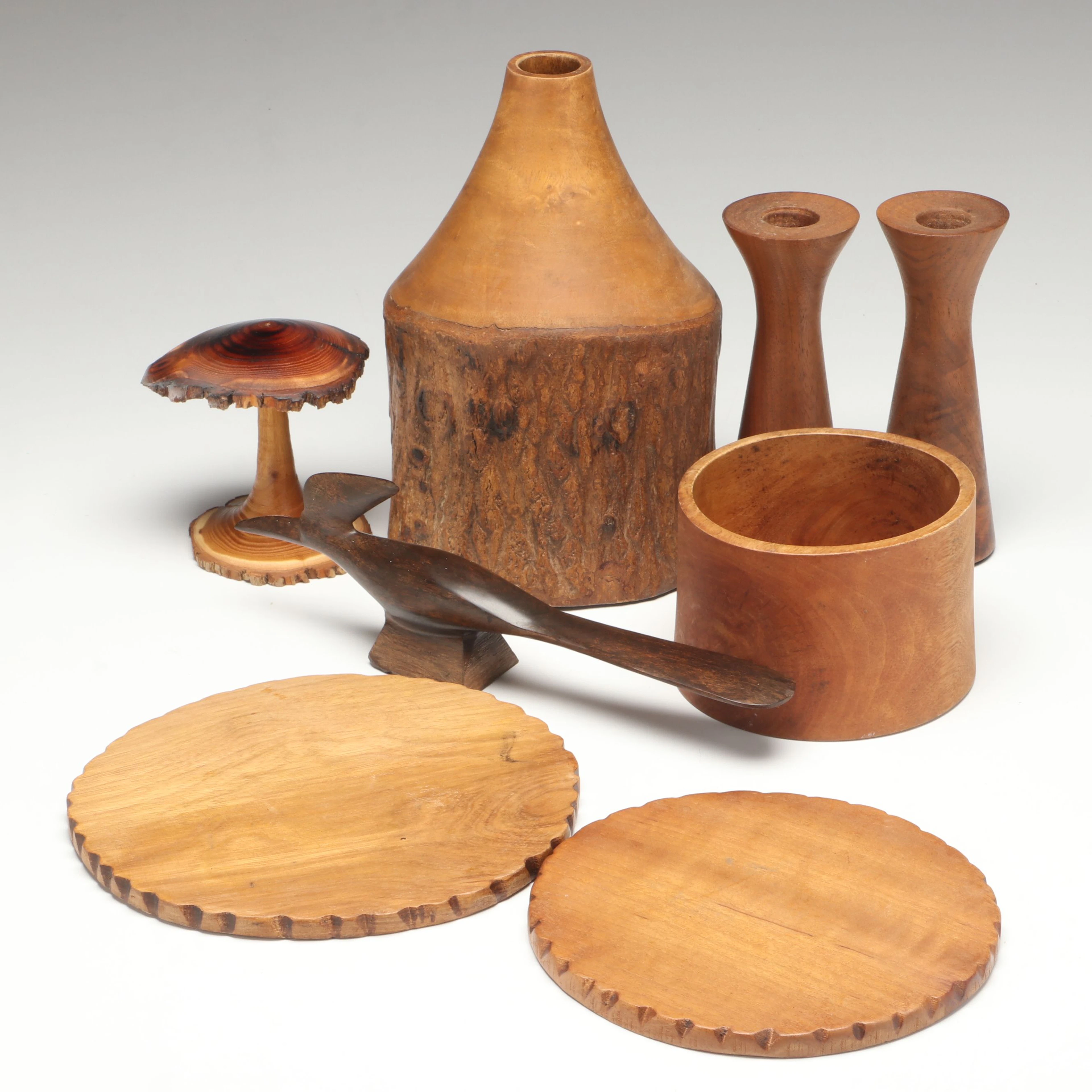 Rustic Hand-Carved Wood Mushroom Figure with Vases and More Table Décor