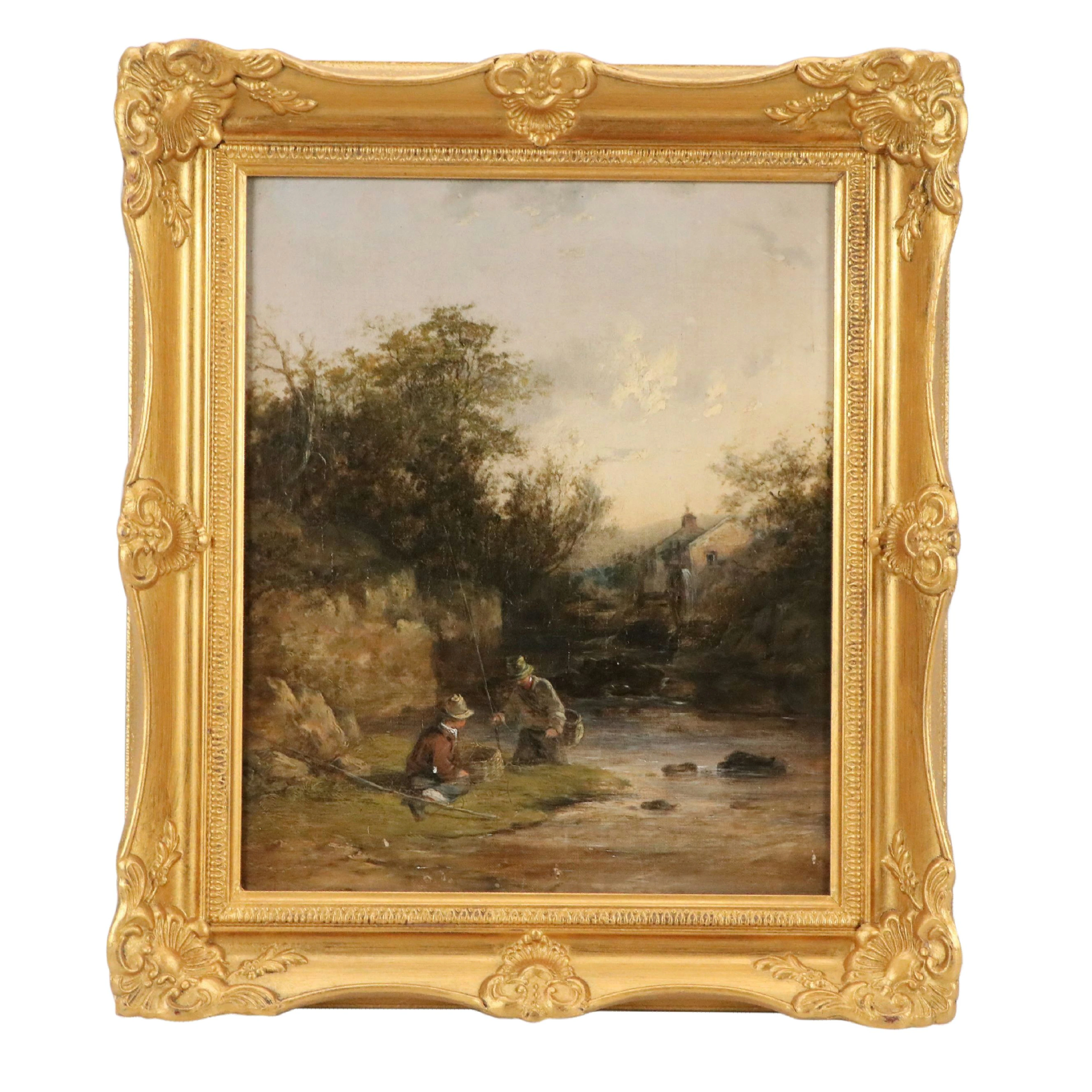 Genre Scene Oil Painting of Fishermen in Stream