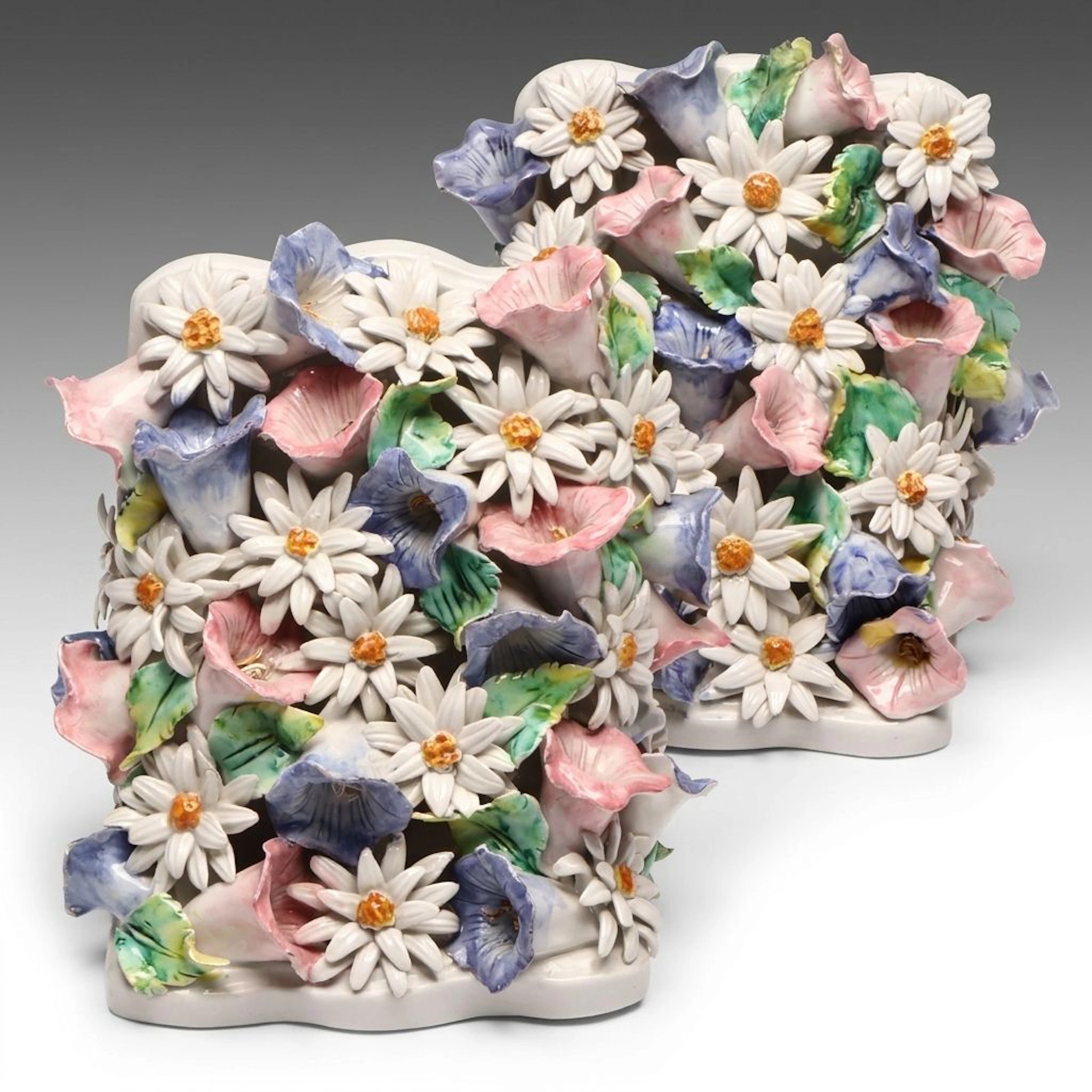 Italian Floral Appliqué Ceramic Bookends, Mid to Late 20th Century