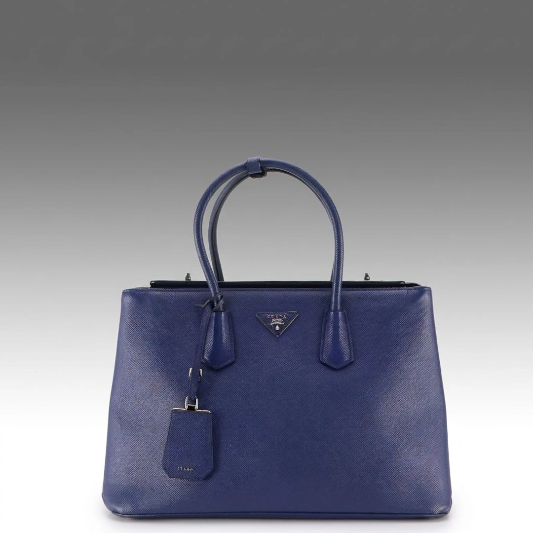 Prada Bluette Saffiano Cuir Leather Twin Tote Bag