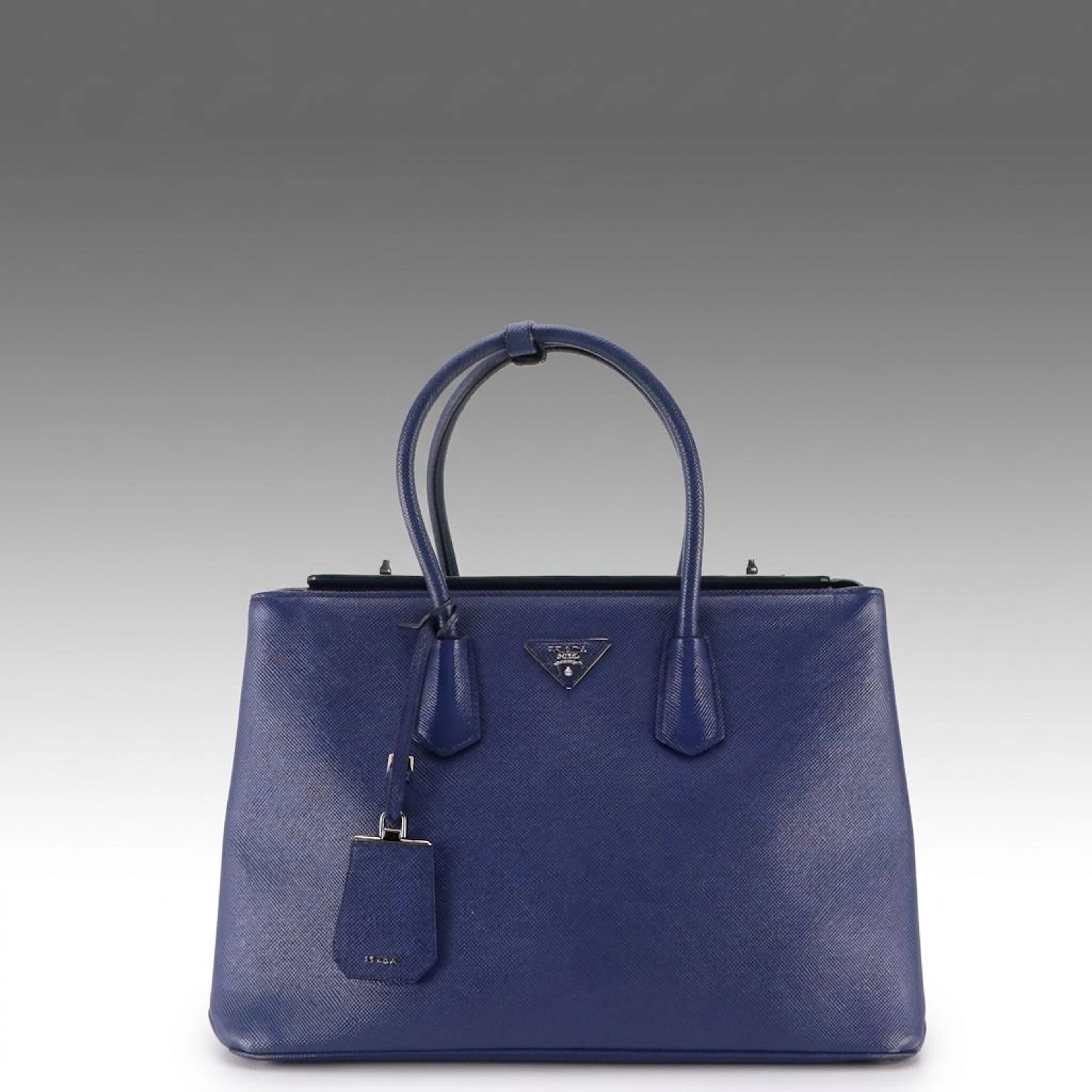 Prada Bluette Saffiano Cuir Leather Twin Tote Bag